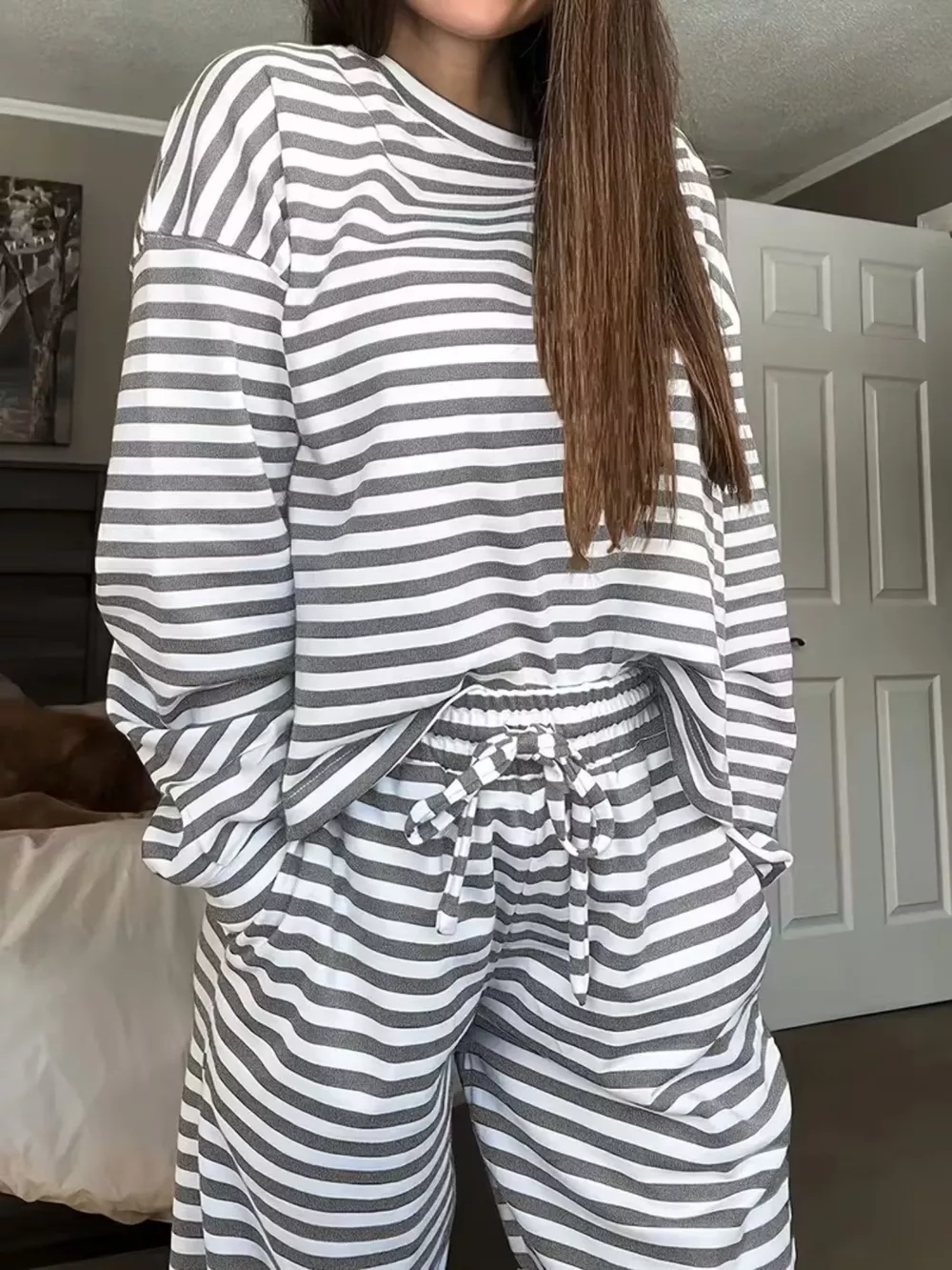 Striped Round Neck Top and Pants Set, image 11