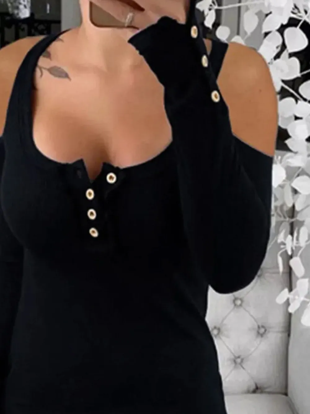 Cold Shoulder Ribbed Henley T-Shirt with Button Detail, image 8