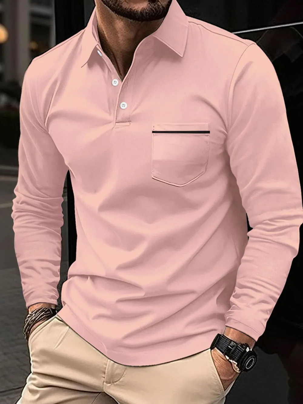 Men's Full Size Button Detail Long Sleeve Polo Plus Size, image 4