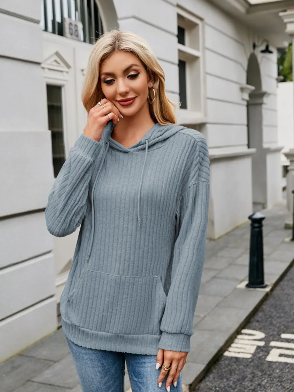 Ribbed Drawstring Long Sleeve Hoodie, image 23