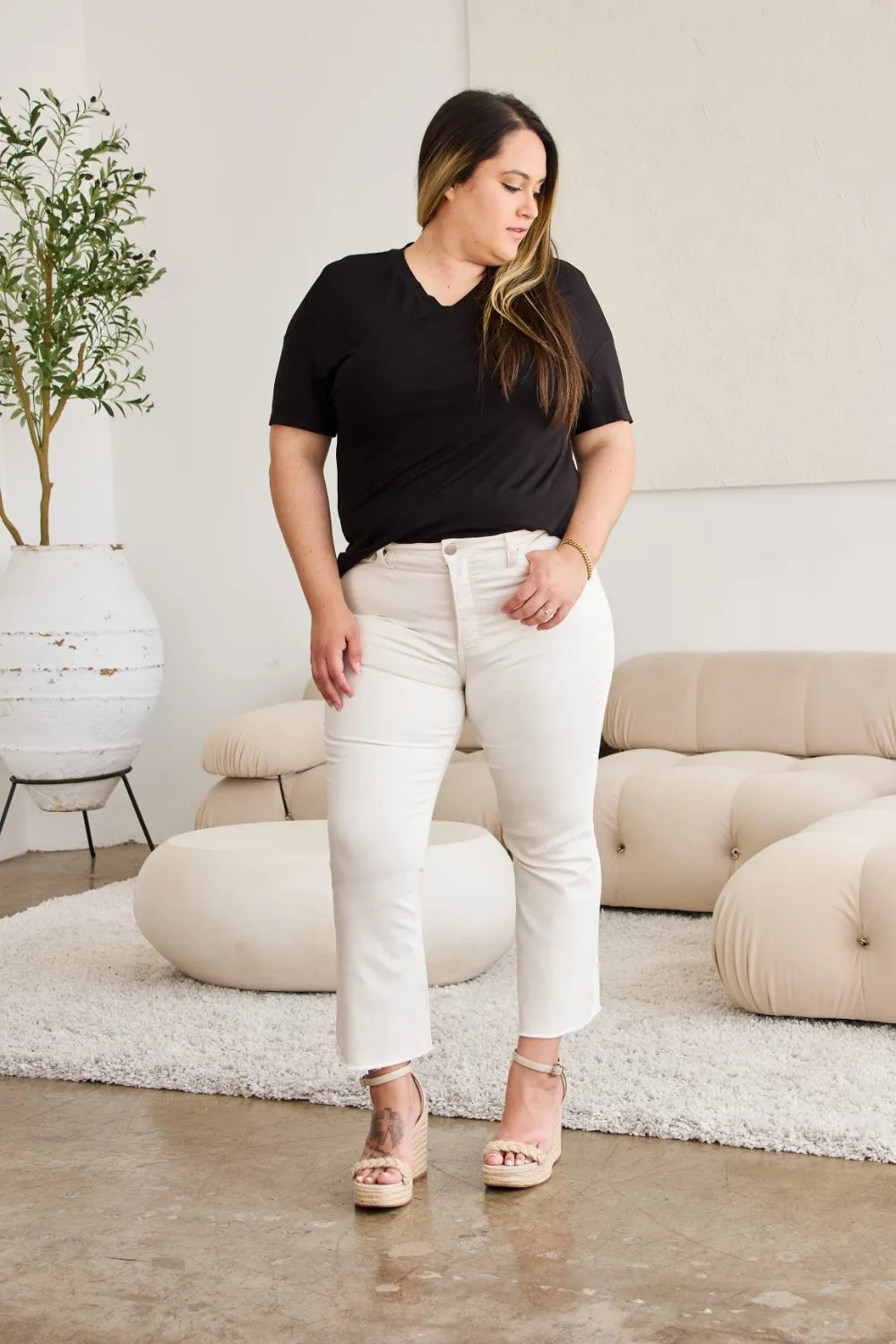 Mini Mia Full Size Tummy Control High Waist Raw Hem Jeans, image 3