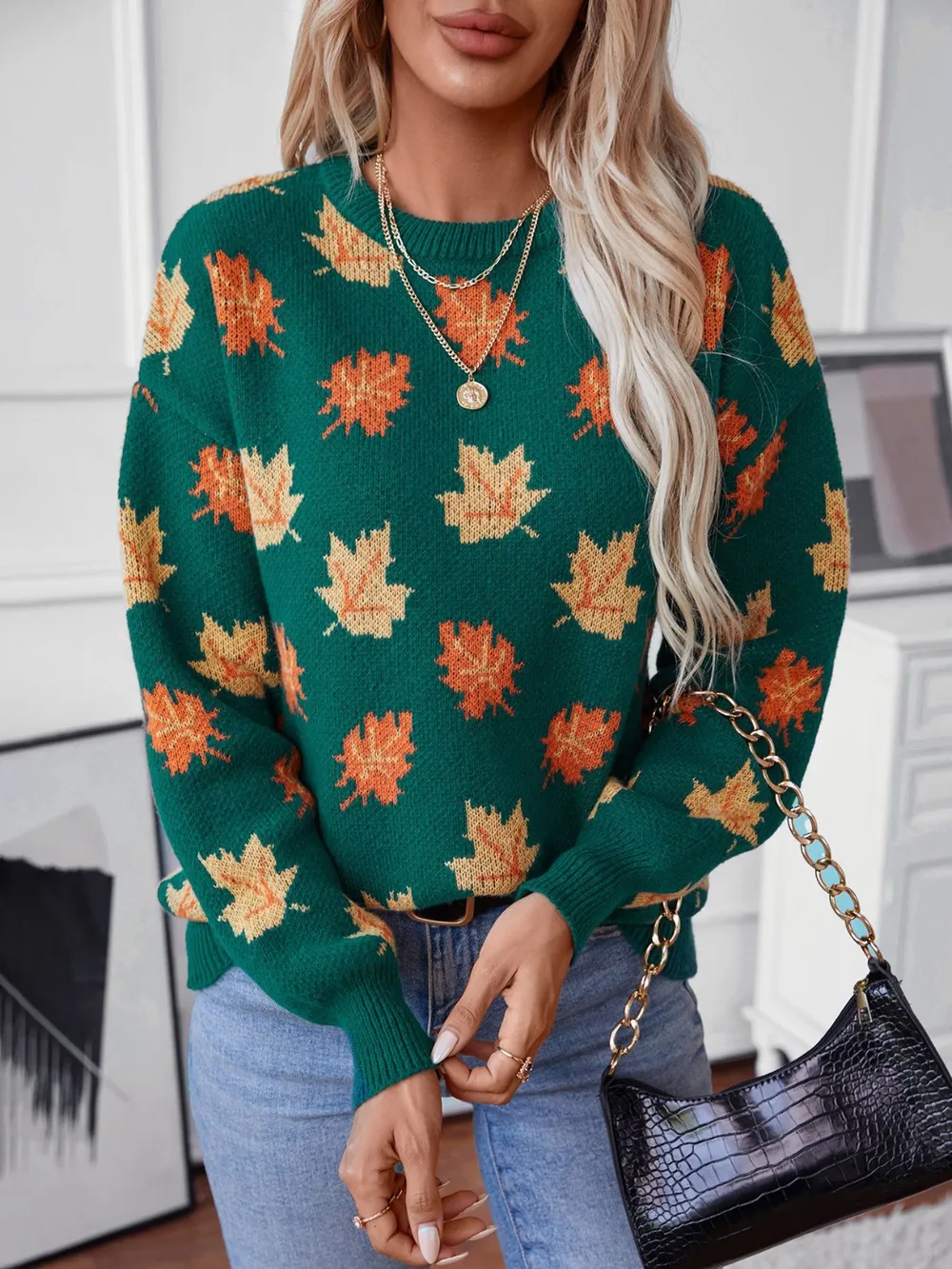 Maple Leaf Round Neck Long Sleeve Sweater, image 7