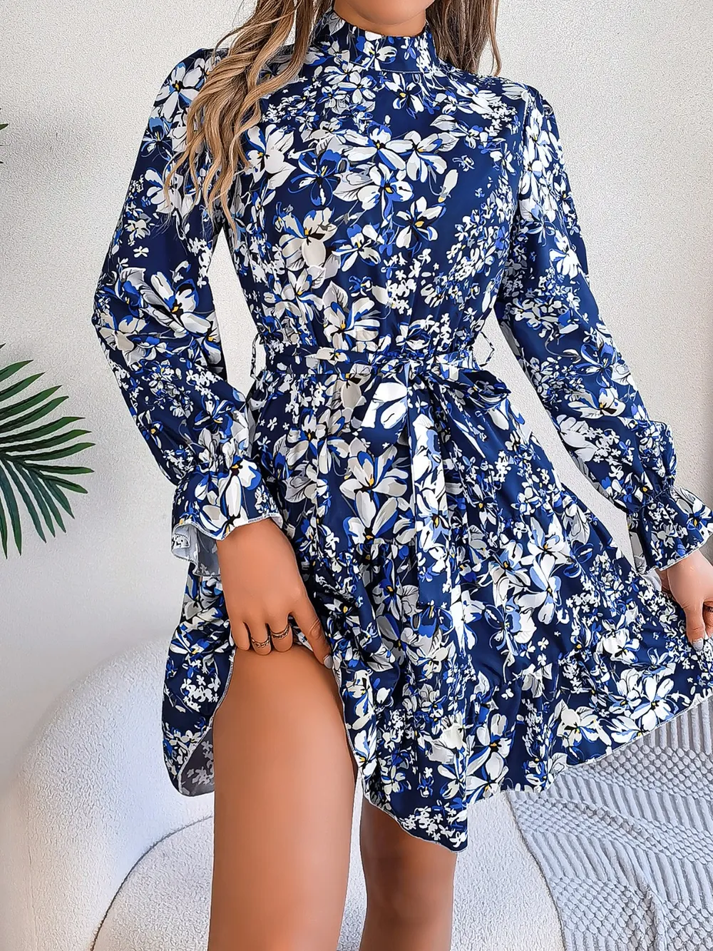 Printed Mock Neck Flounce Sleeve Mini Dress, image 5