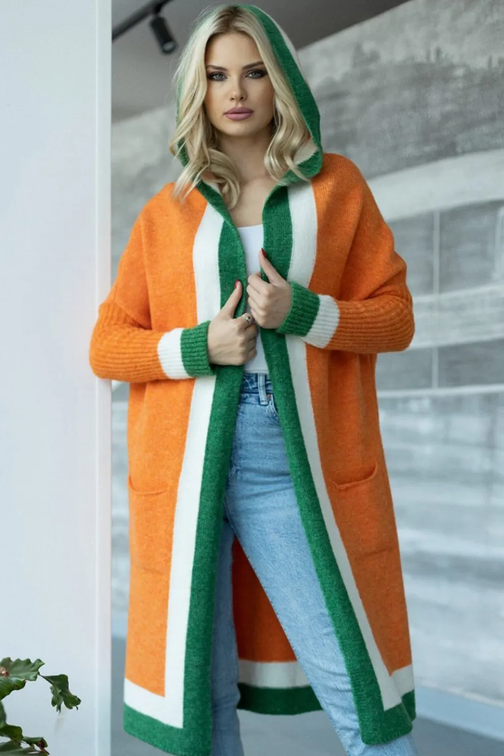 Pocketed Contrast Long Sleeve Hooded Cardigan, image 13