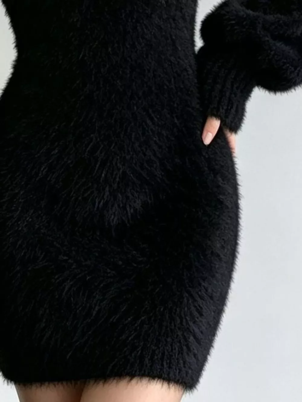 V-Neck Fuzzy Knit Sweater Dress, image 4