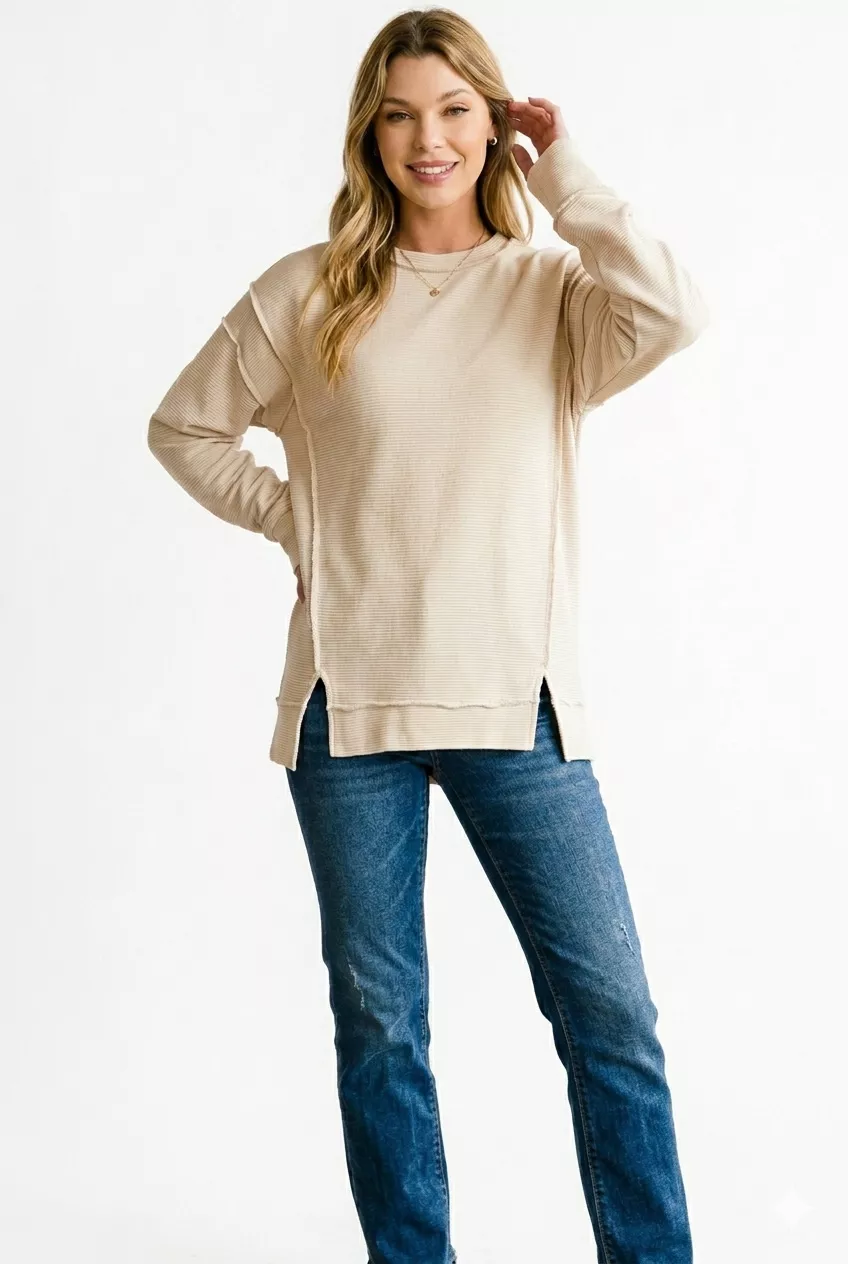 Acid Washed Double Ribbed Exposed-Seam Sweatshirt, image 3