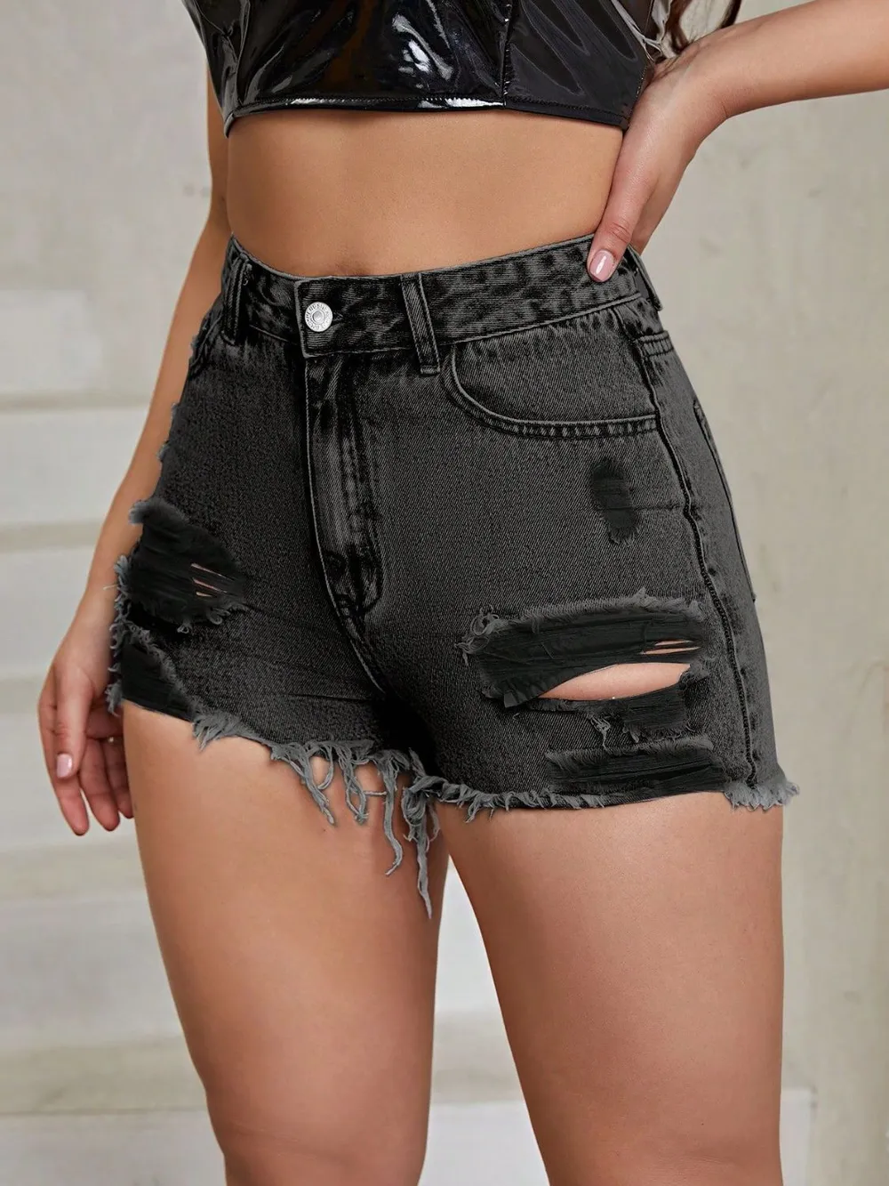 Distressed Raw Hem High Rise Denim Shorts, image 7
