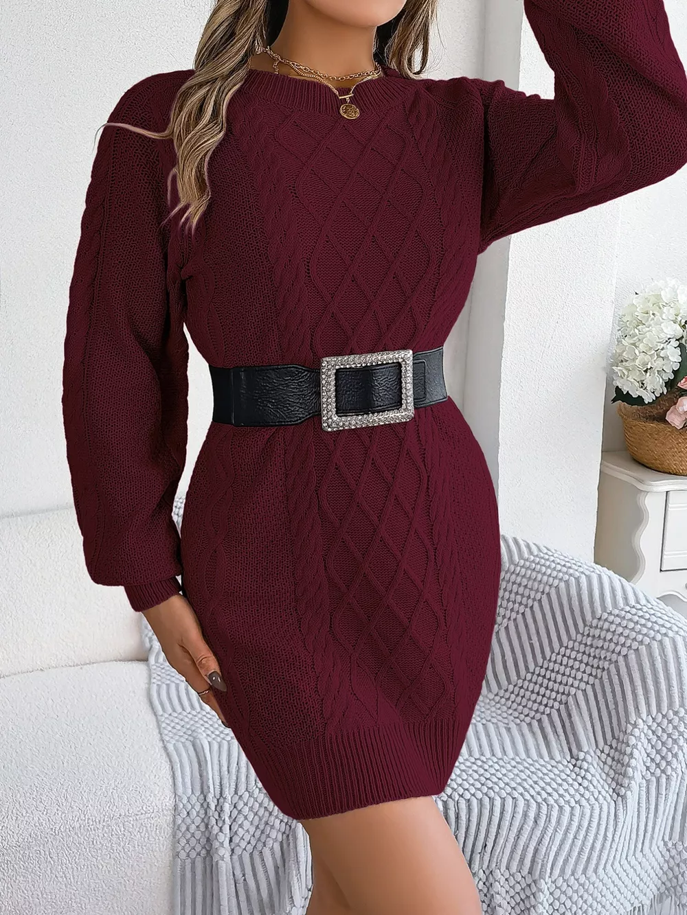 Diamond Cable Knit Sweater Dress with Long Sleeves, image 14