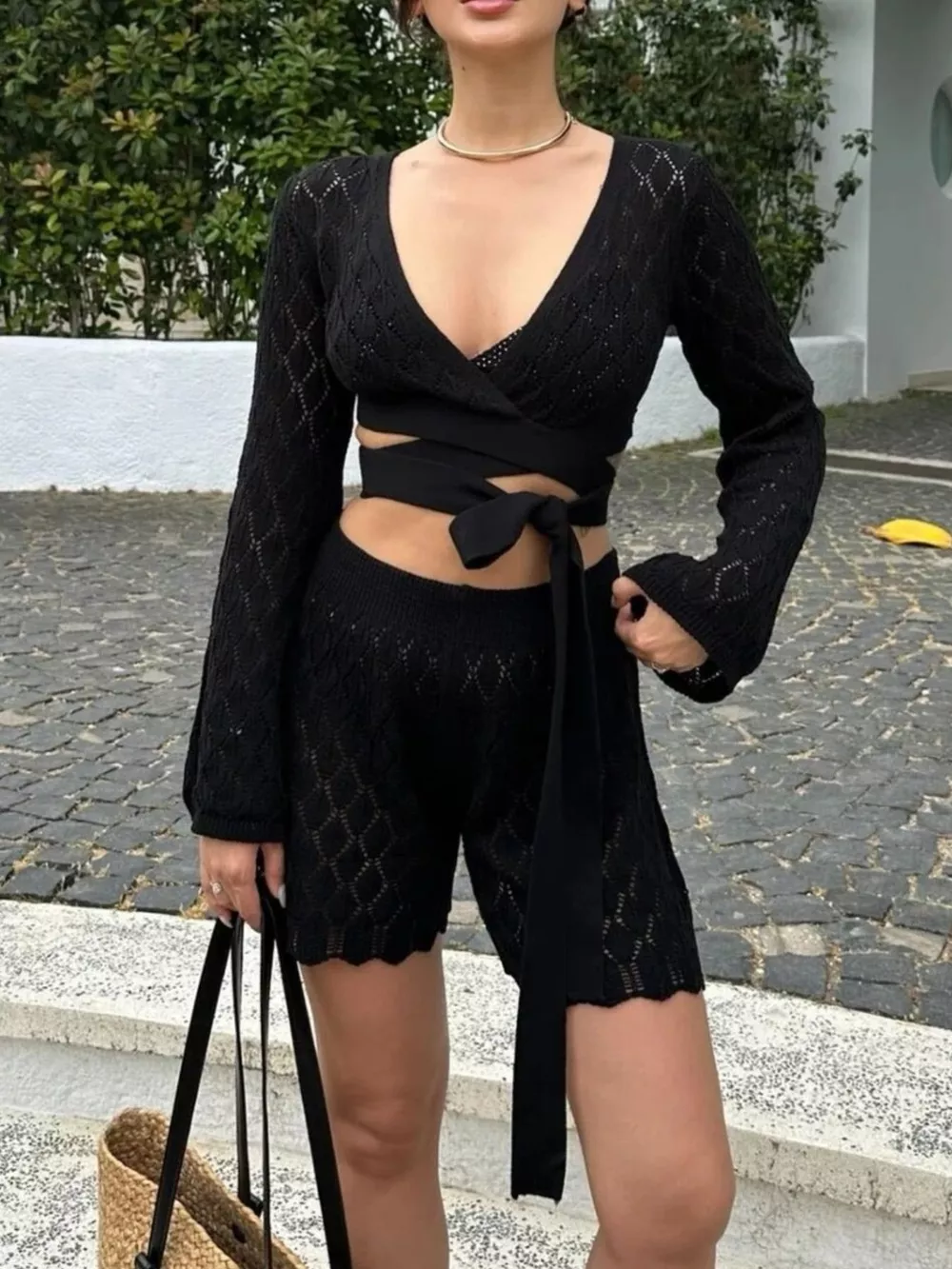 Openwork Long Sleeve Top and Shorts Set, image 9