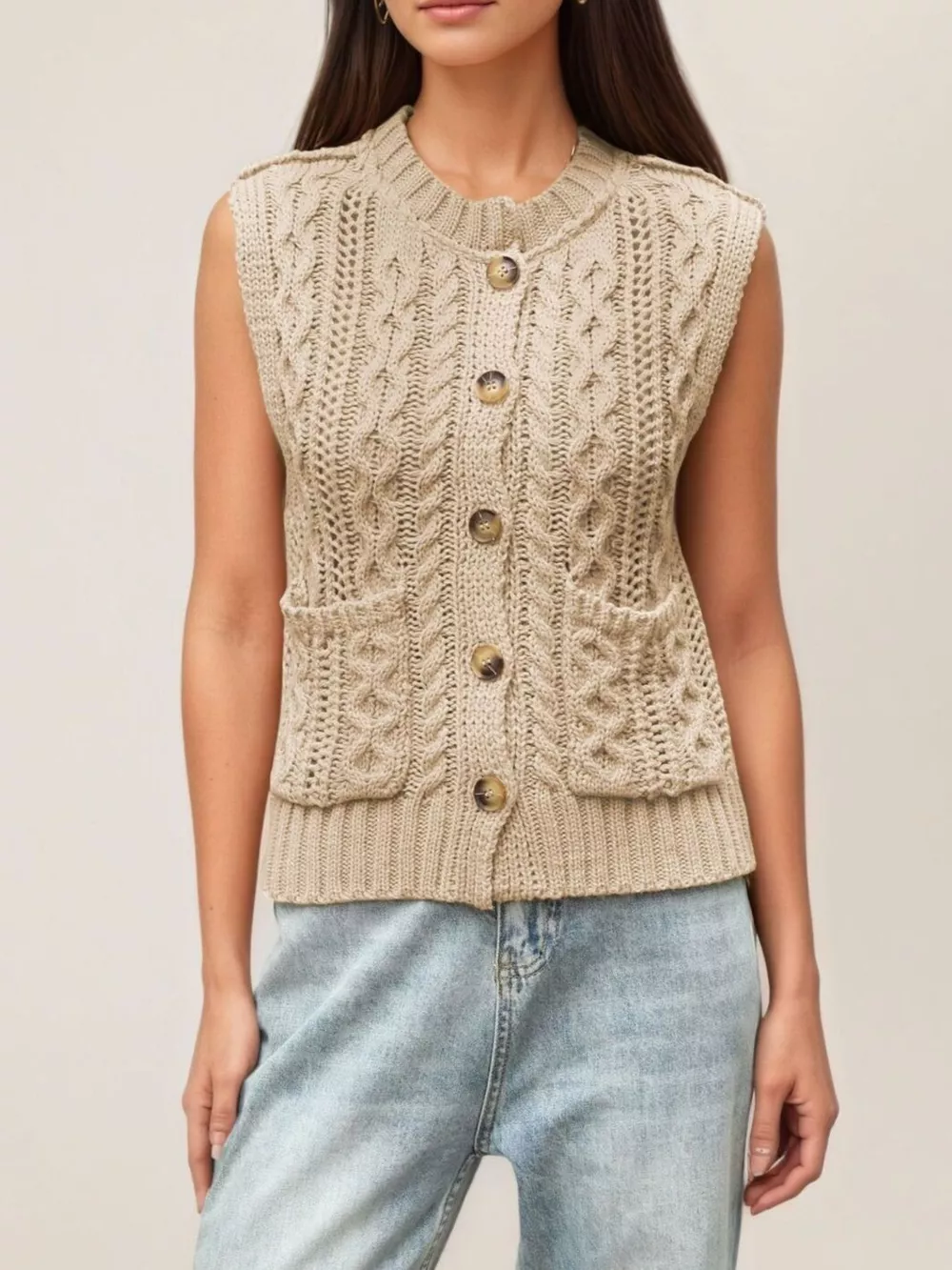 Cable-Knit Button-Down Sweater Vest, image 2