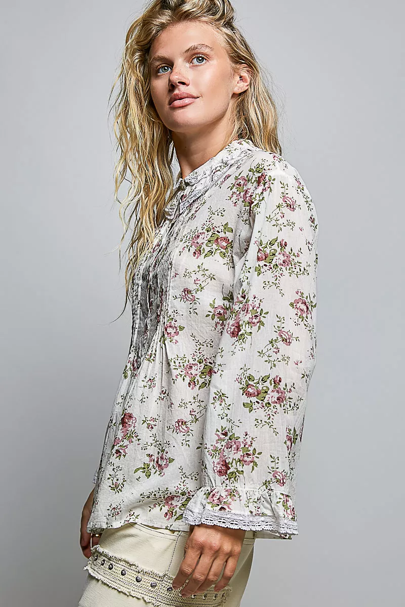 POL Floral Lace Trim Pintuck Button-Down Shirt, image 2