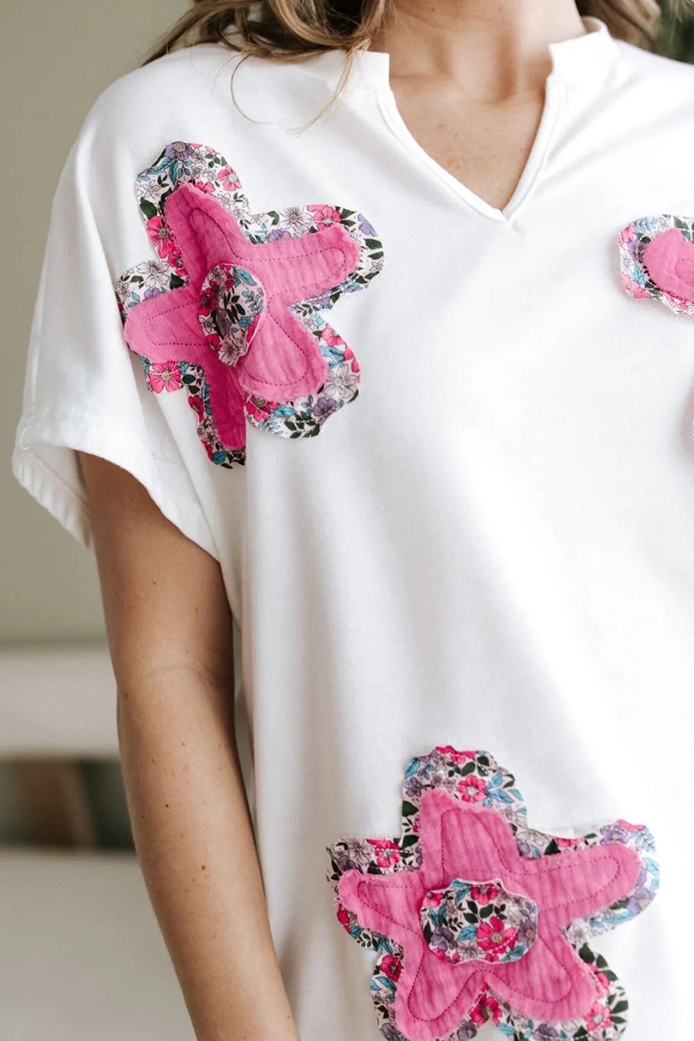 Floral Applique Notched Dolman Sleeve Top, image 4