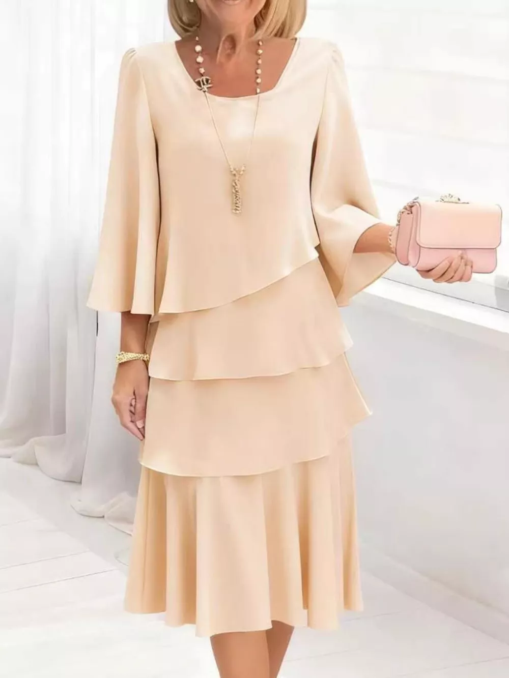 Full Size Ruffled Layered 3/4 Sleeve Dress Plus Size, image 6