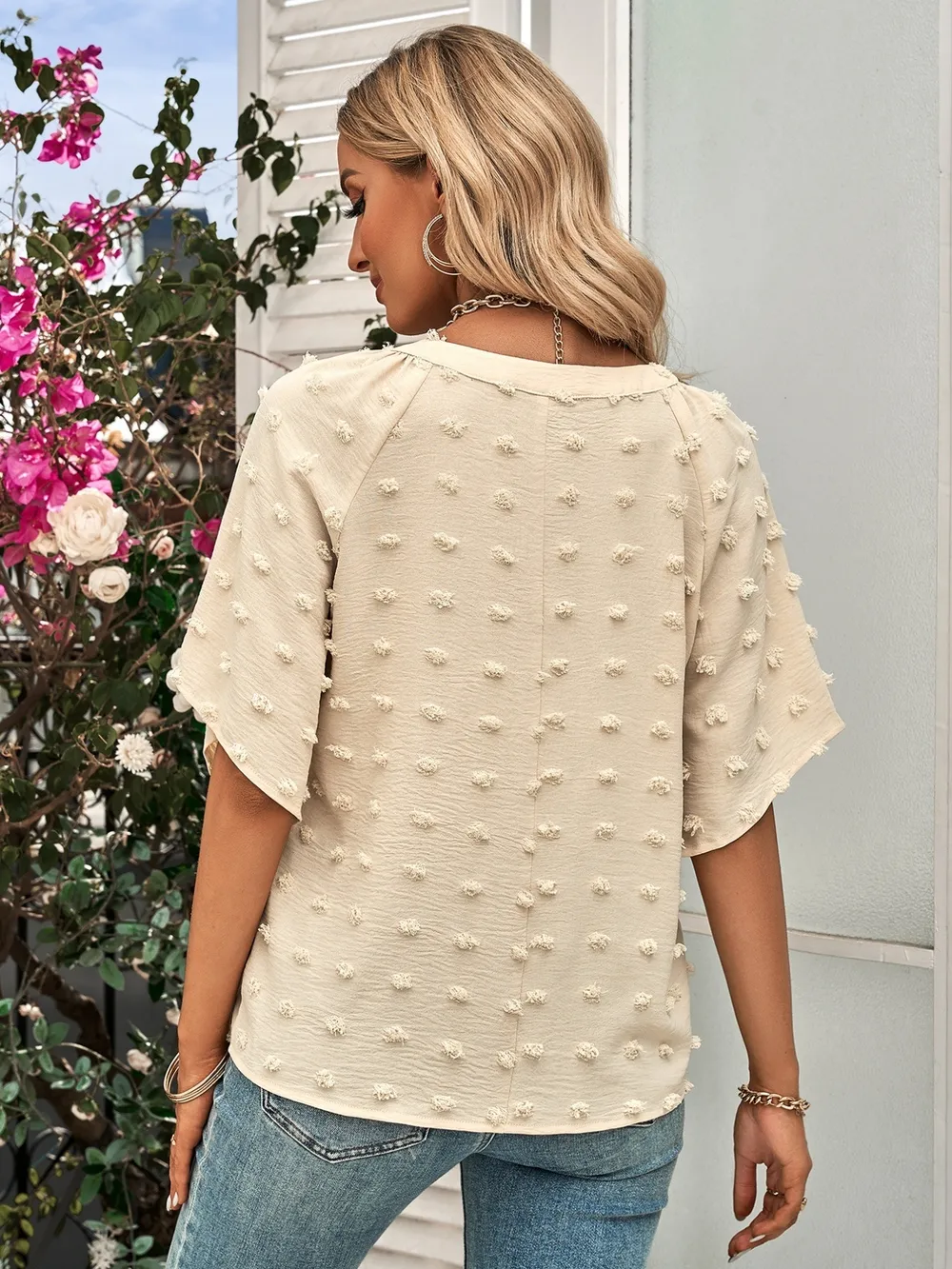 Swiss Dot Notched Half Se Blouse, image 13