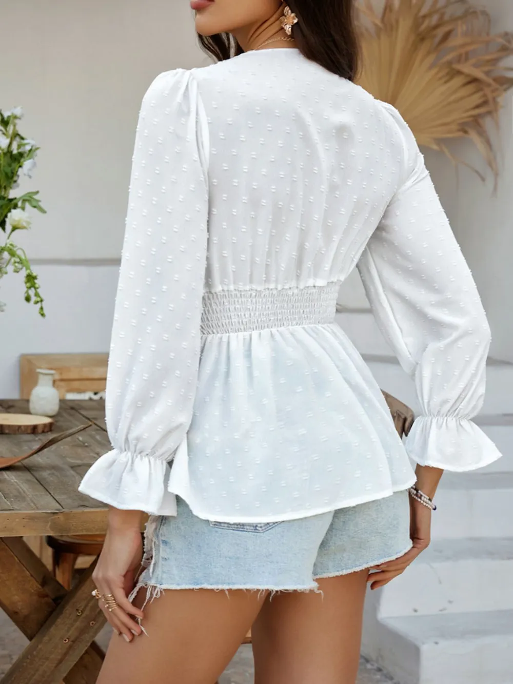 Swiss Dot Lace Detail Surplice Flounce Sleeve Blouse, image 13