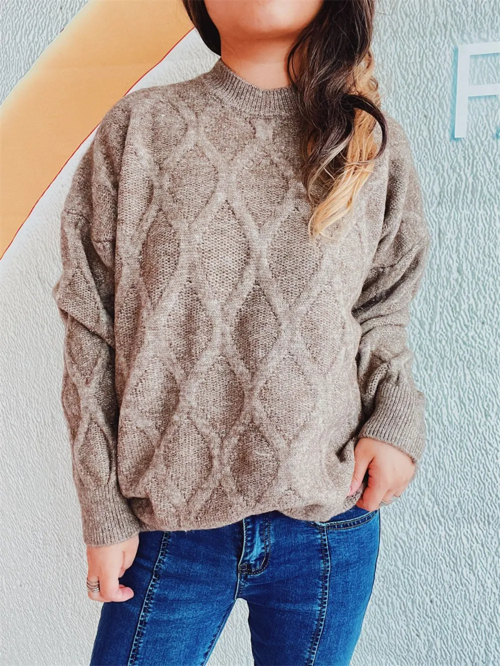 Diamond Round Neck Long Sleeve Sweater, image 7