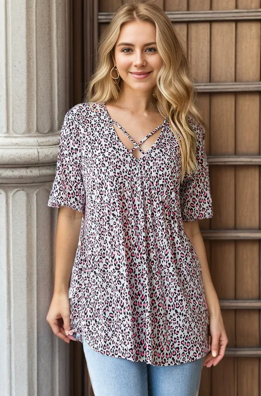 Full Size Short Sleeve Crisscross Animal Babydoll Top Plus Size