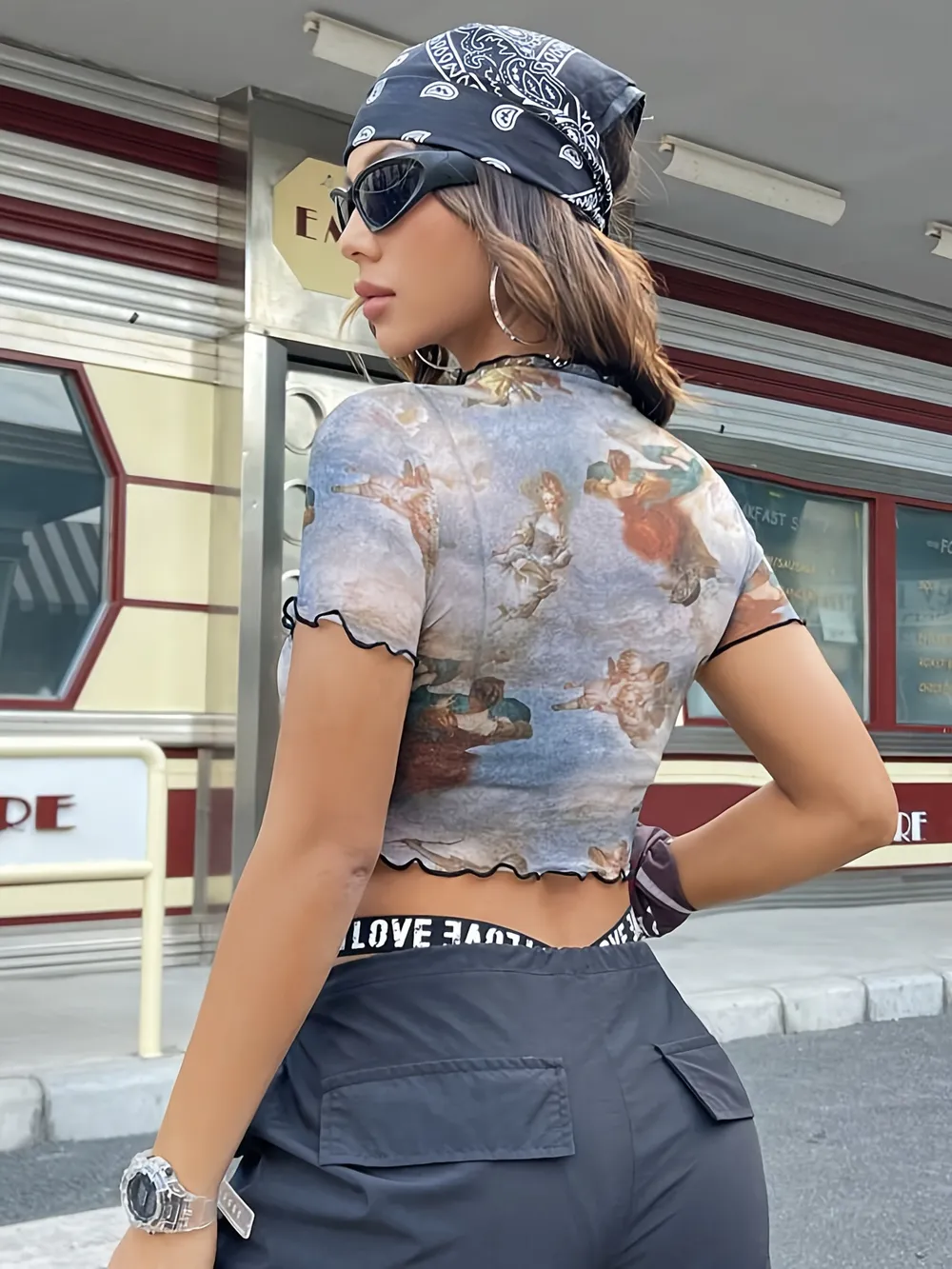 Abstract Print Ruffled Mock Neck Crop T-Shirt, image 23