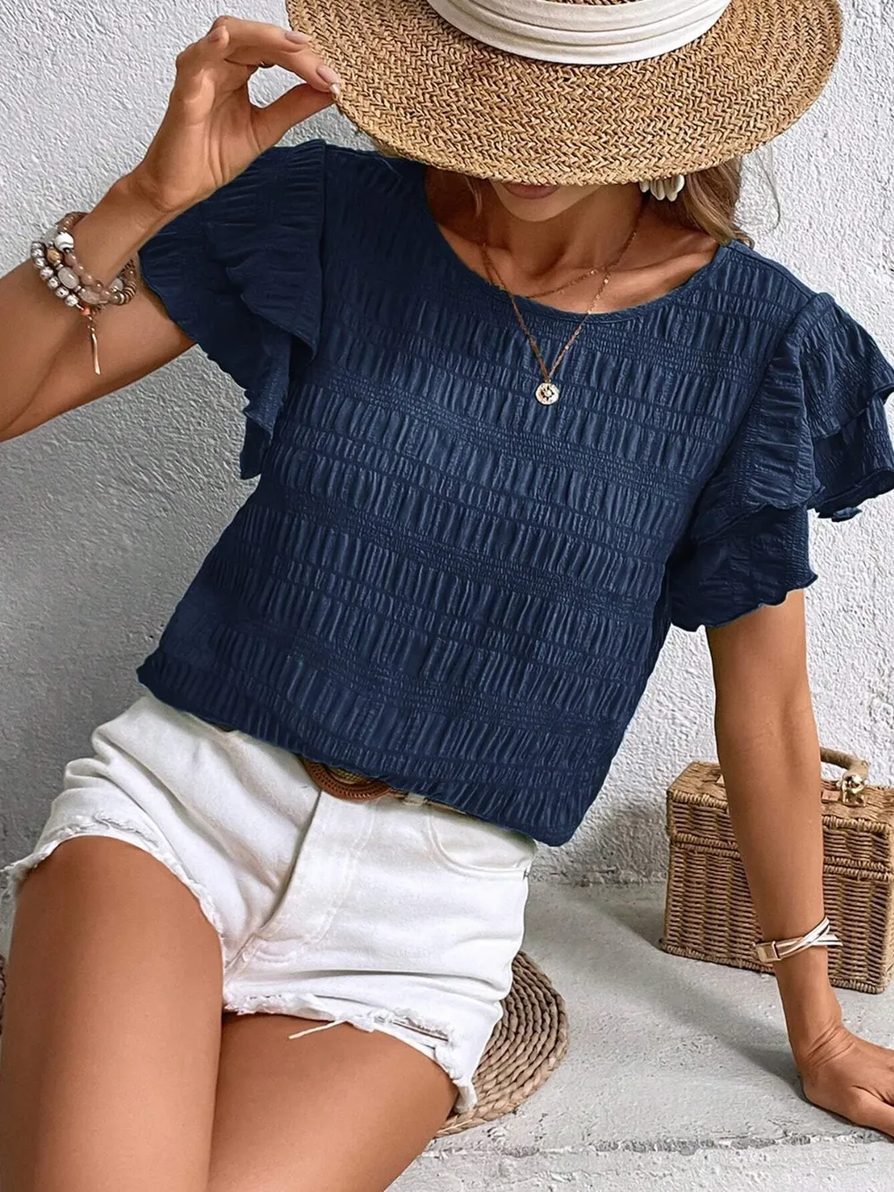 Round Neck Flounce Sleeve Blouse, image 10