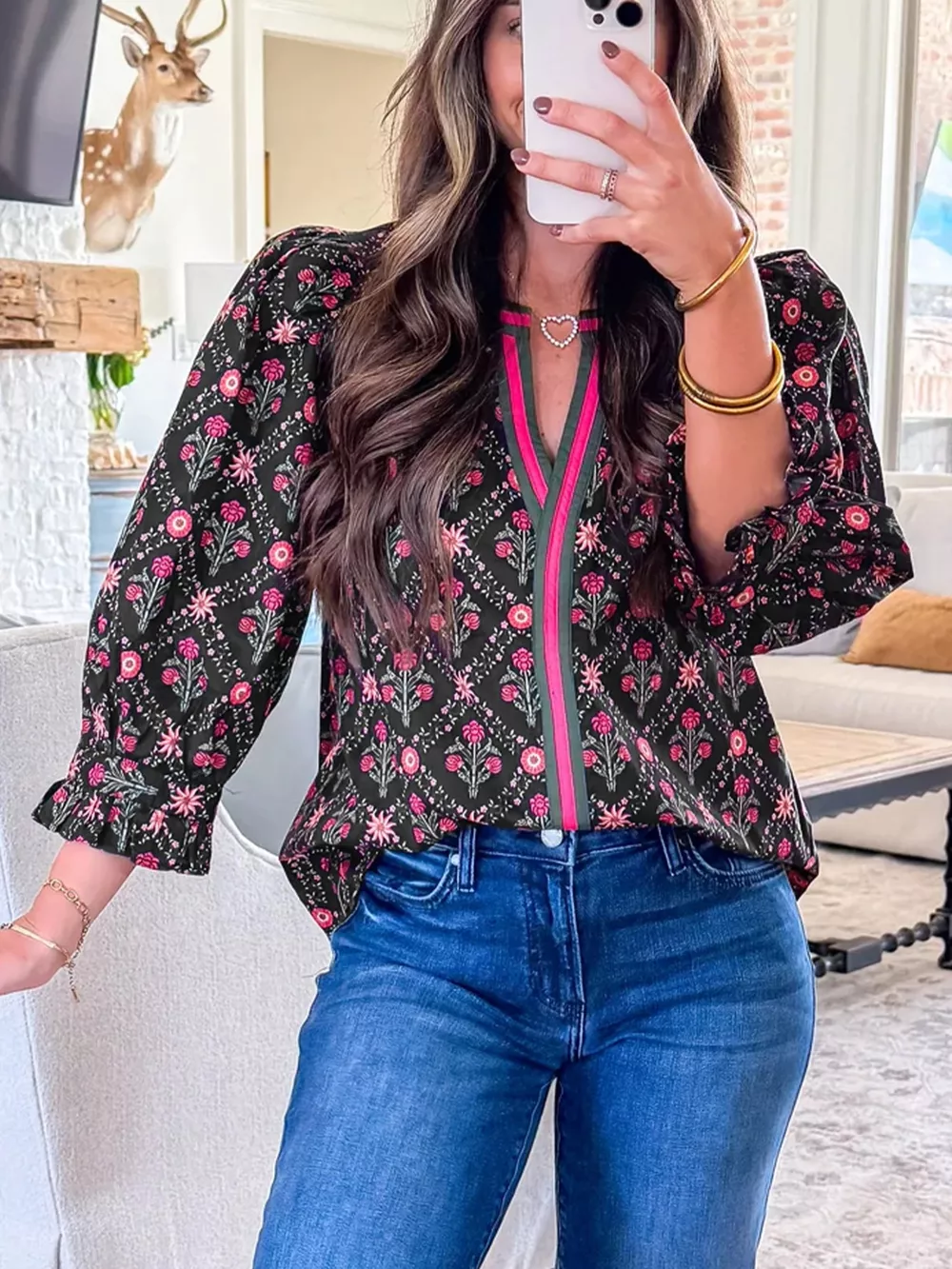 Contrast V Neckline Bracelet Sleeve Vintage Floral Blouse, image 2
