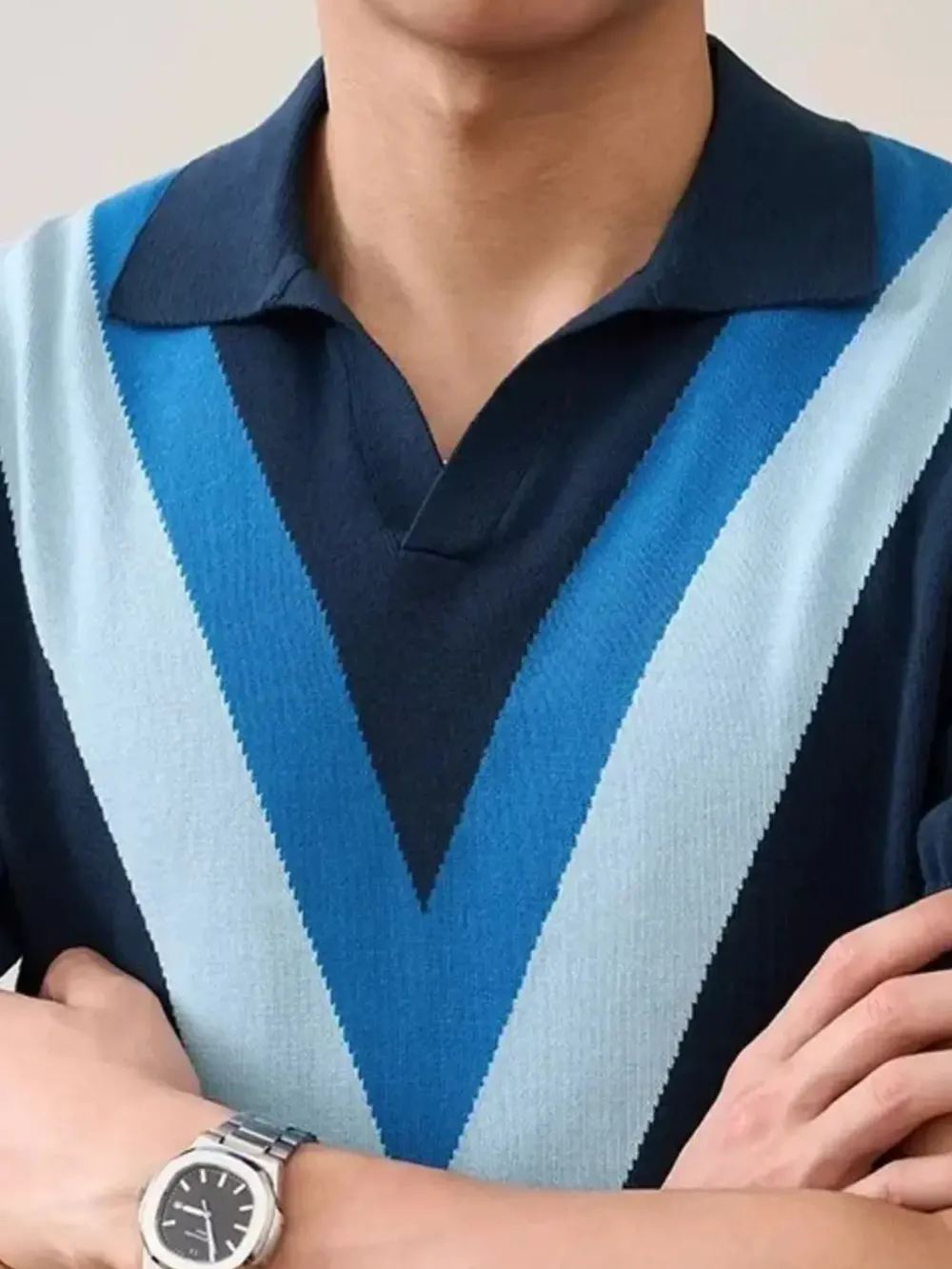 Men's Plus Size V-Pattern Contrast Knit Polo Shirt, image 10