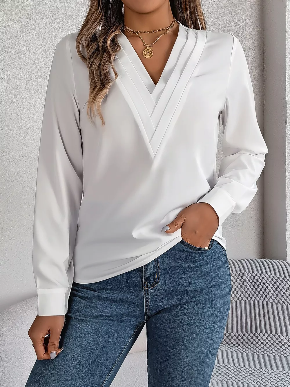 Layered V-Neck Long Sleeve Blouse, image 33