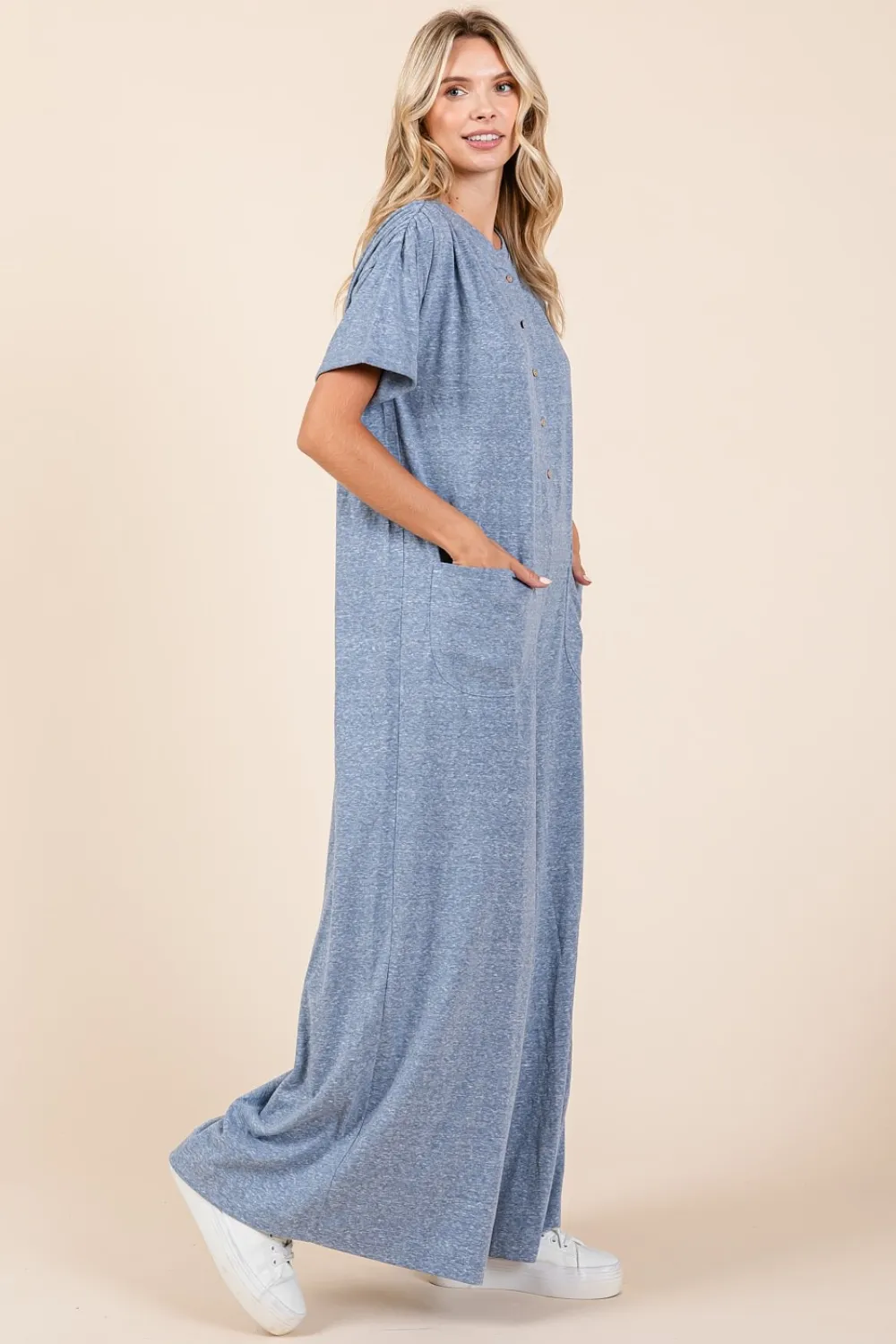 Button Detail Short Sleeve Wide Leg Jumpsuit, image 3