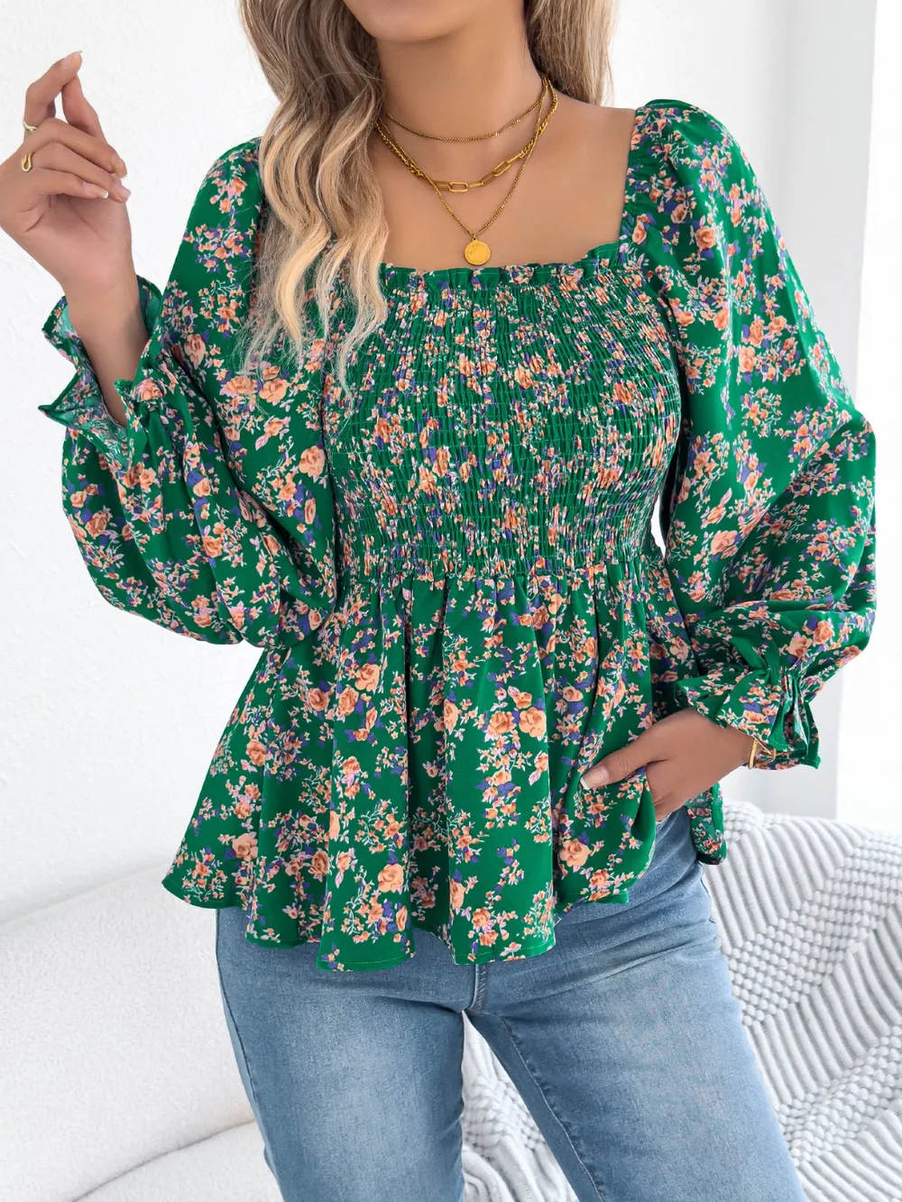Floral Square Neck Flounce Sleeve Blouse, image 4