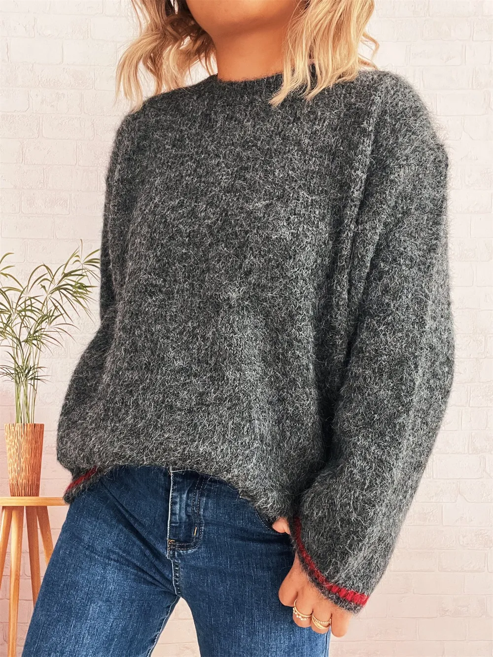 Contrast Trim Round Neck Cozy Sweater, image 4