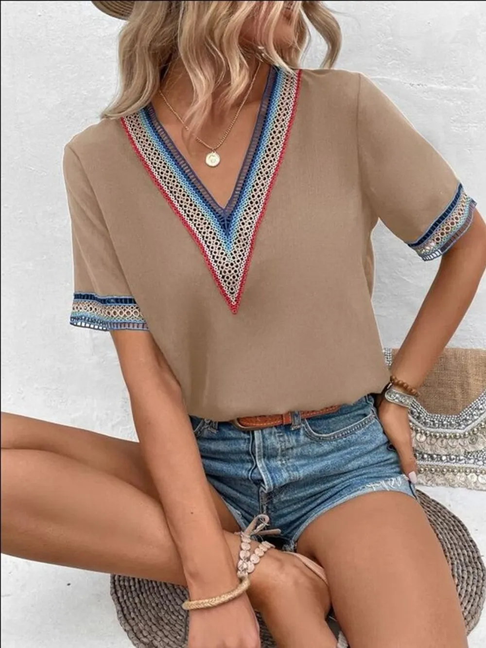 Full Size V-Neck Short Sleeve Blouse, image 7
