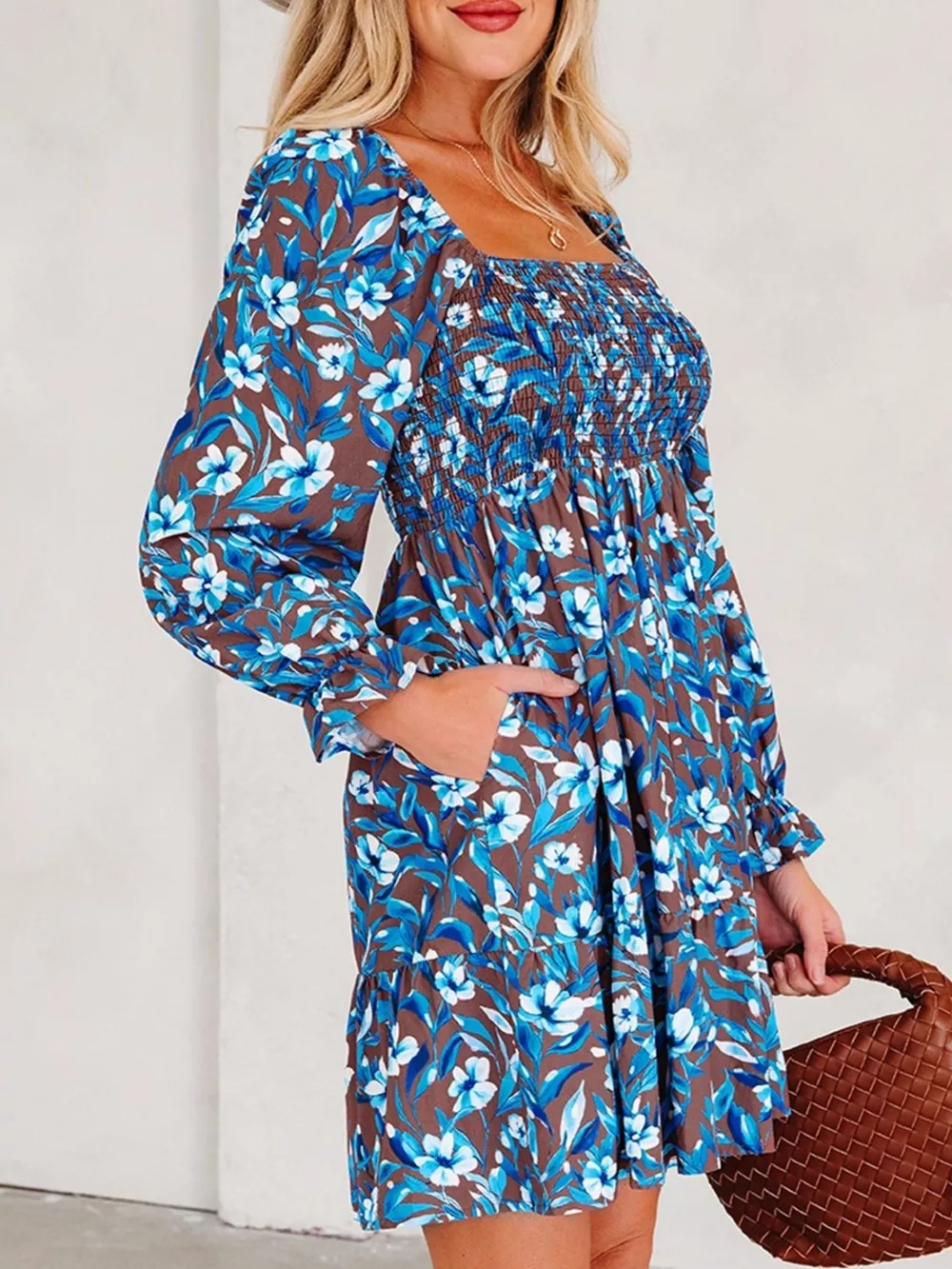 Smocked Bodice High Waist Ruffled Sleeve Floral Dress, image 3