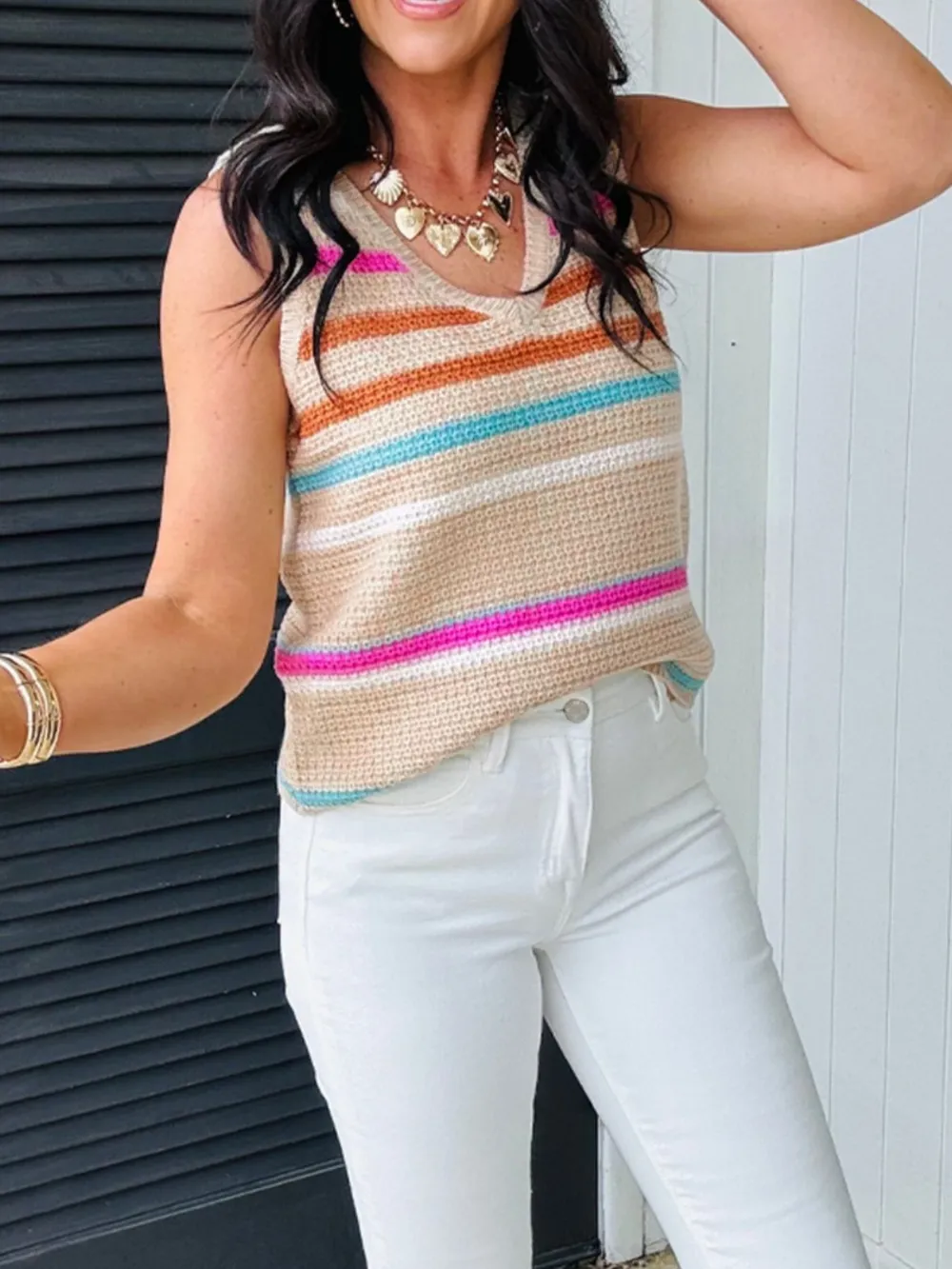 Striped Knit V-Neck Sweater Vest, image 2