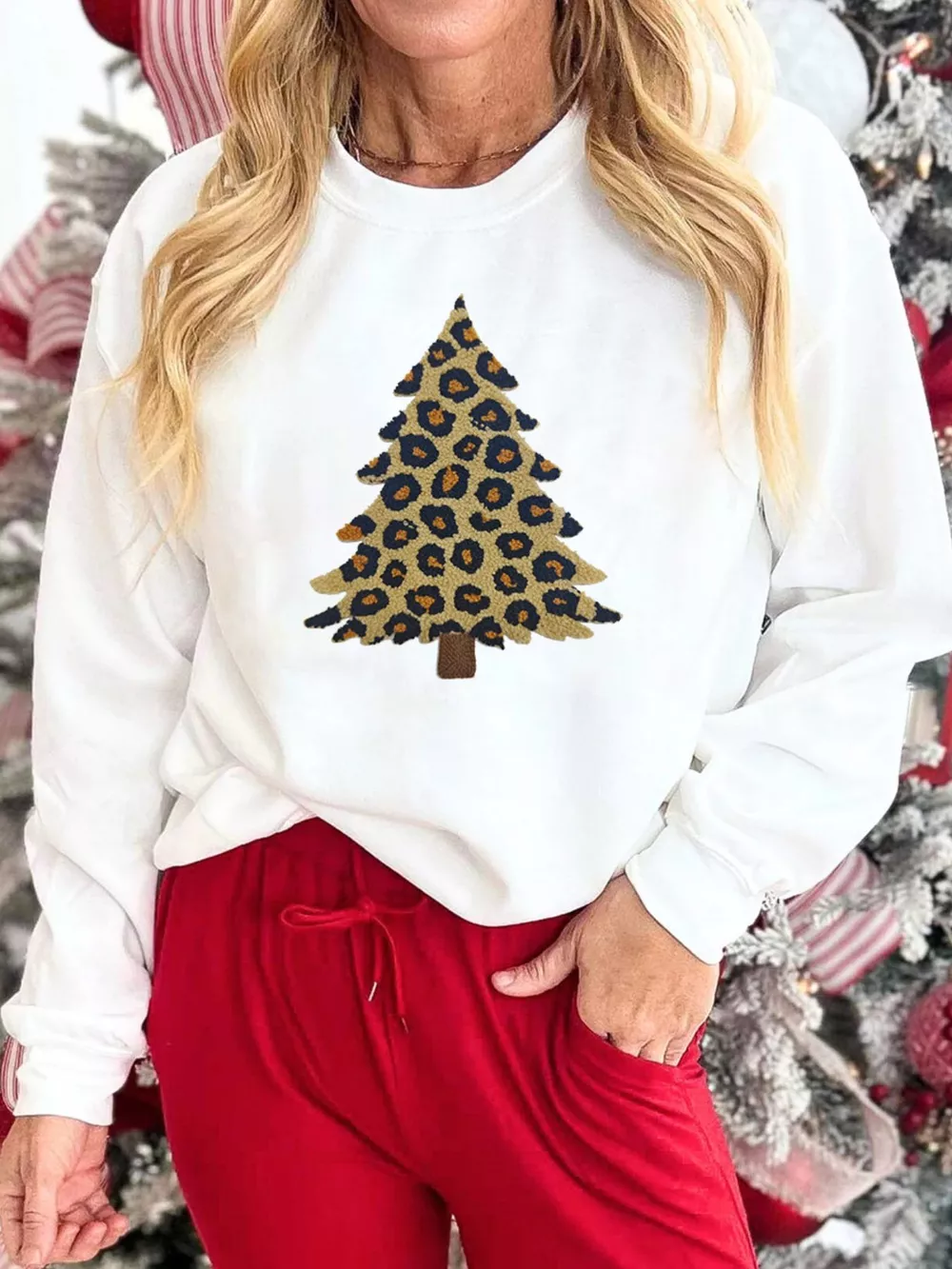 Plush Leopard Tree Patched Drop Shoulder Sweatshirt, image 2