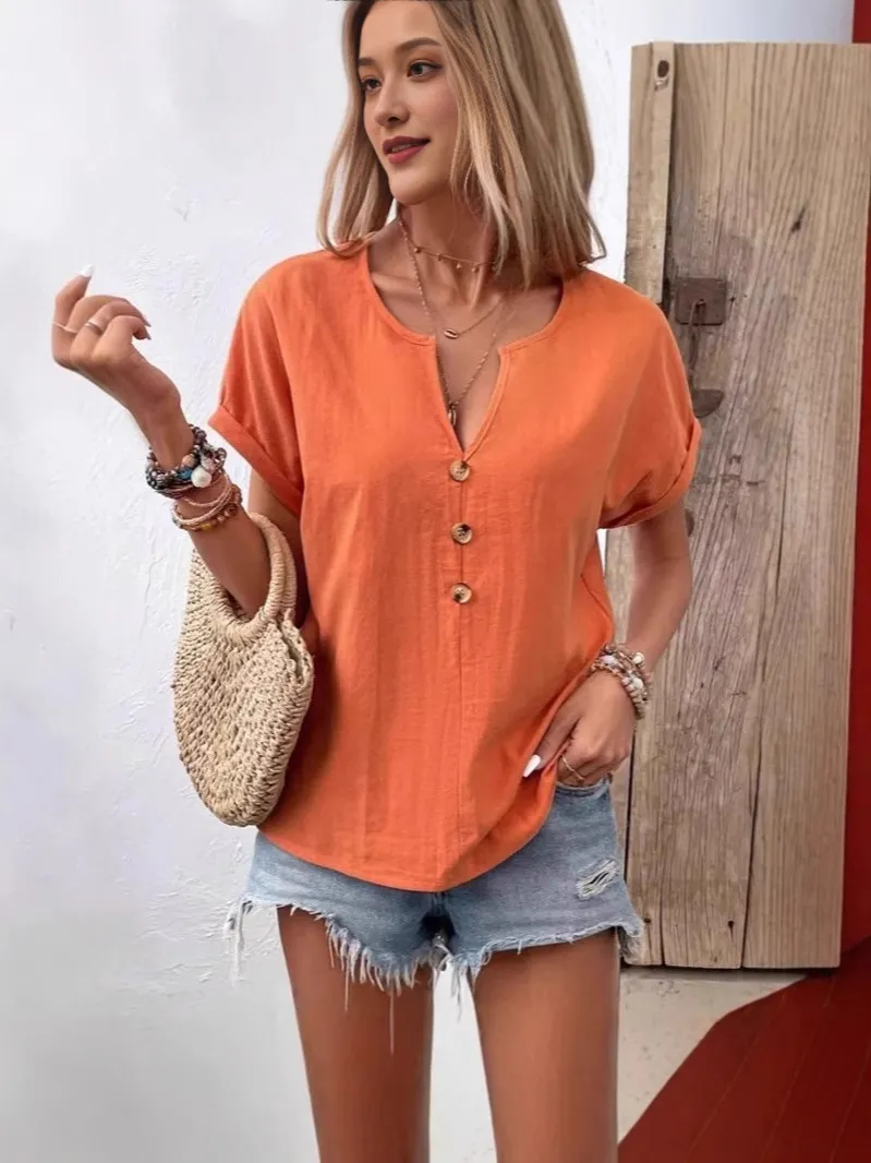 Full Size Notched Short Sleeve Top Plus Size, image 16