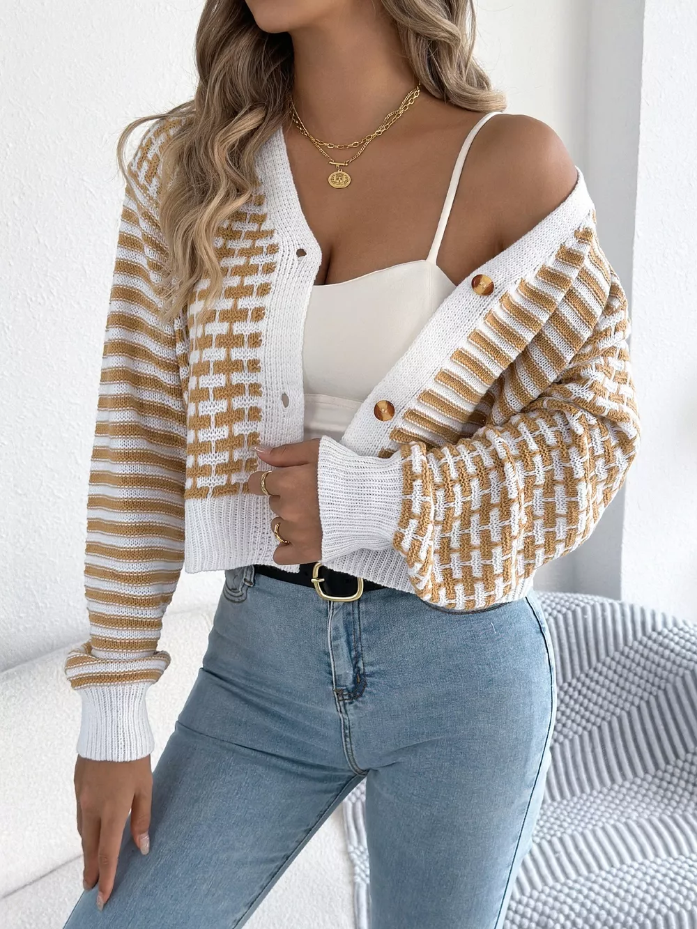 Striped Button-Up Cropped Cardigan, image 14