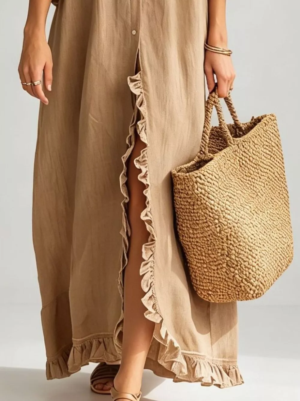 Full Size Ruffled Trim Button-Down Maxi Shirt Dress Plus Size, image 3