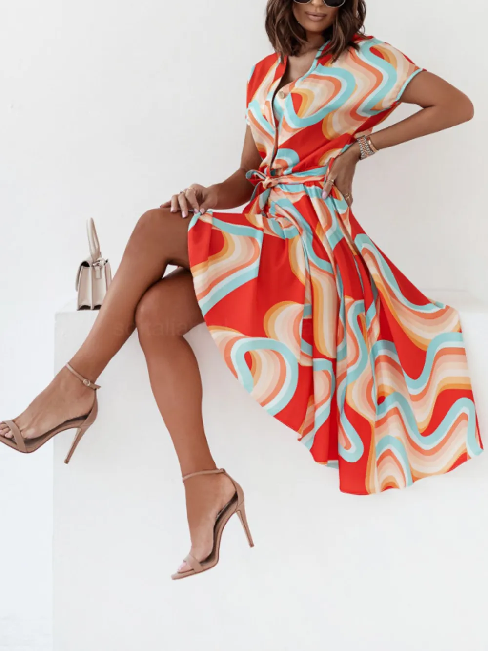Printed Button Front Midi Dress with Belt, image 3