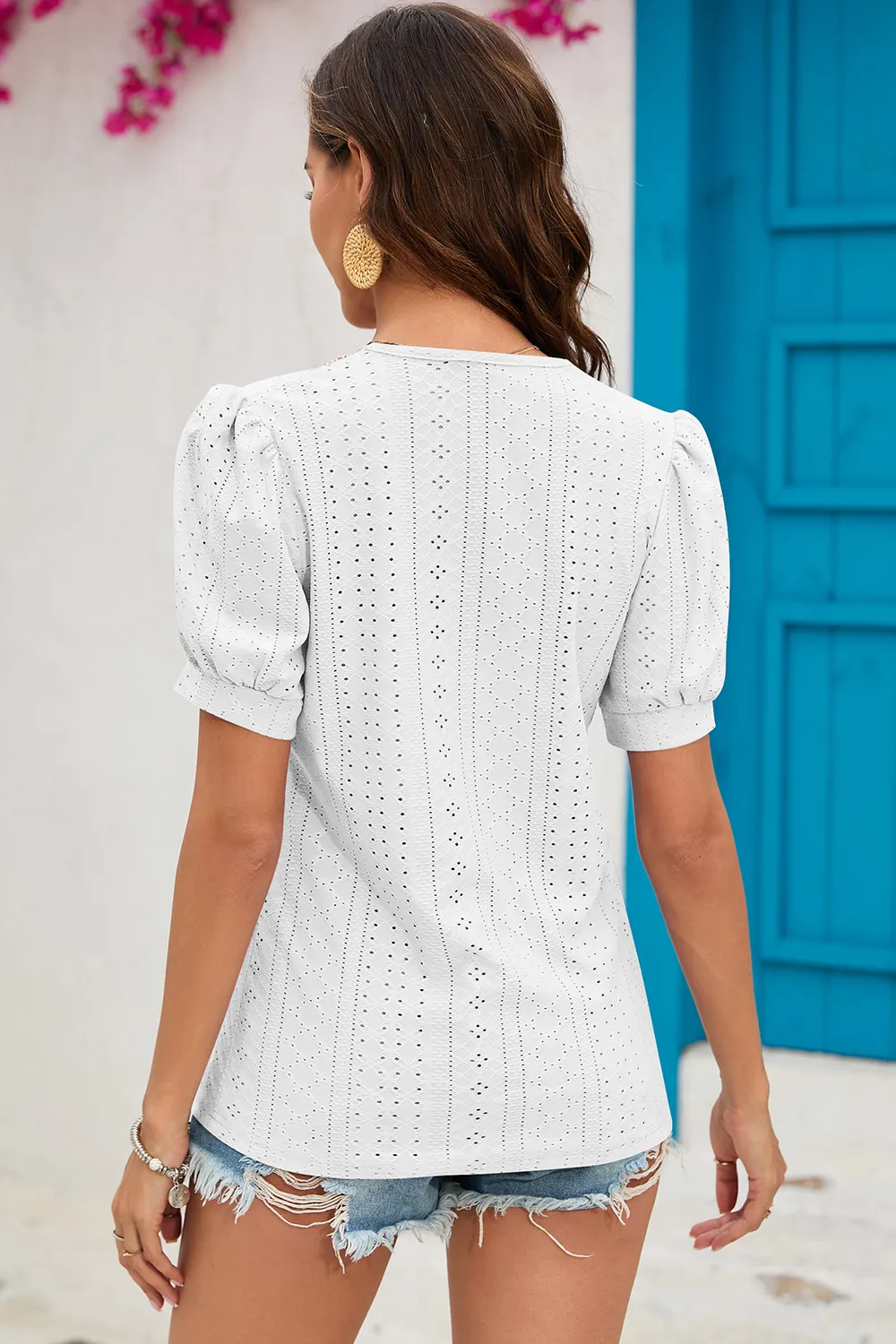 Eyelet V-Neck Short Sleeve T-Shirt, image 5