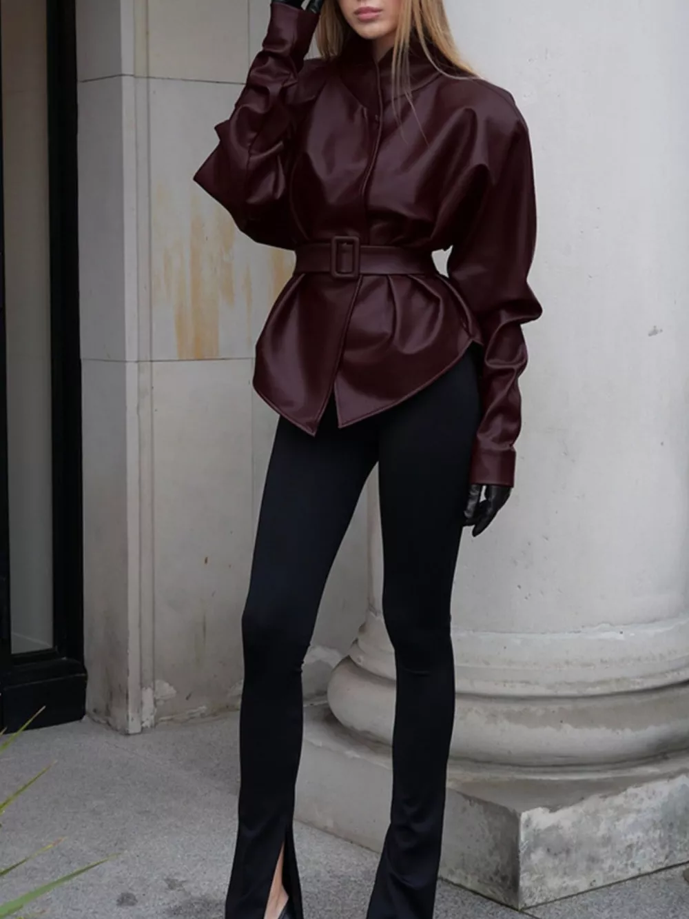 Stand Collar Belted Faux Leather Jacket, image 12