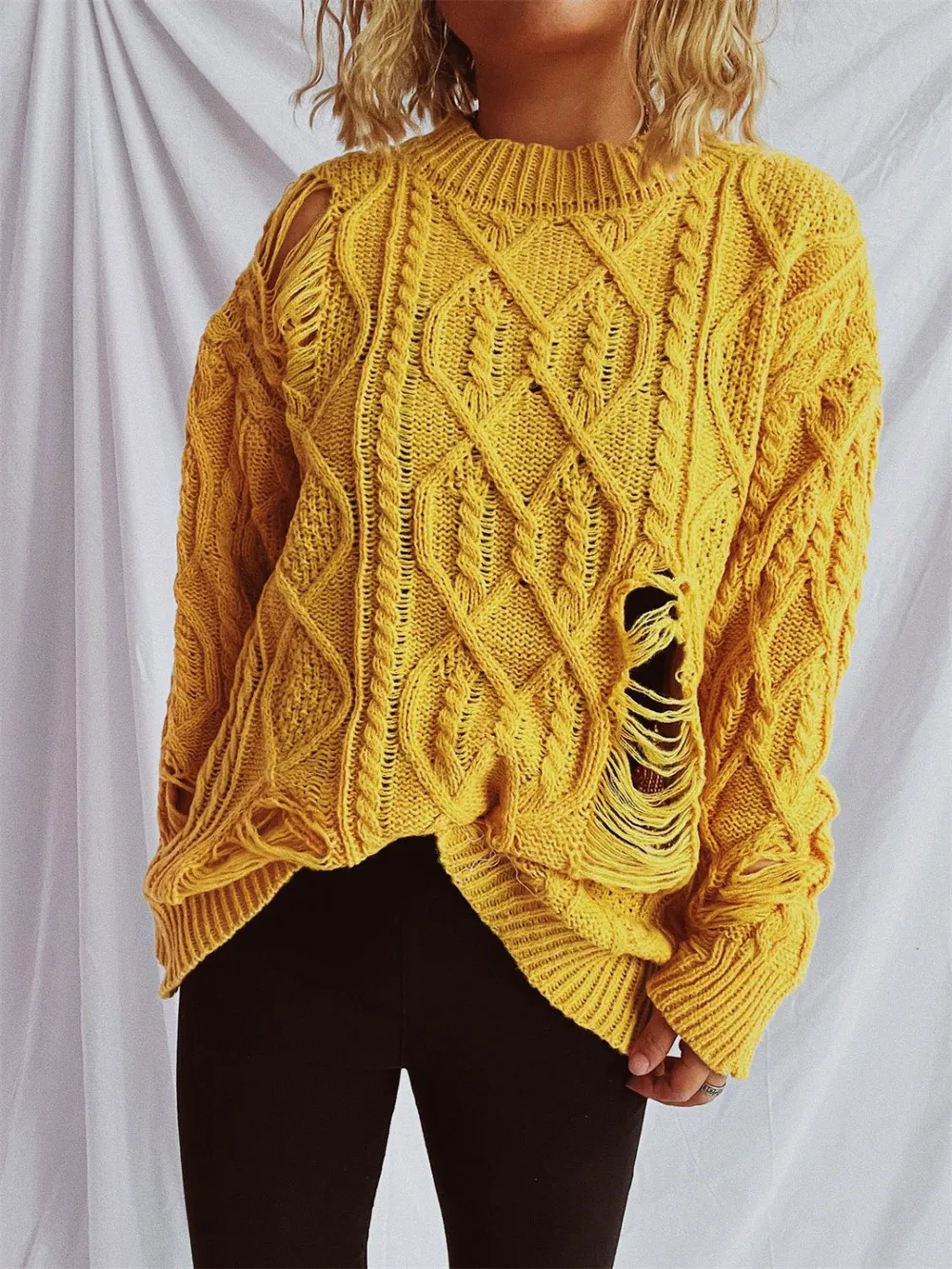 Distressed Cable-Knit Round Neck Long Sleeve Sweater, image 13