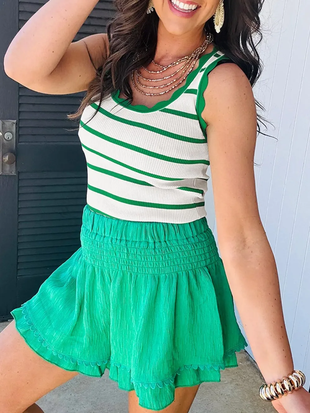 Stripe Scalloped Edge Crew Neck Knit Tank Top, image 3
