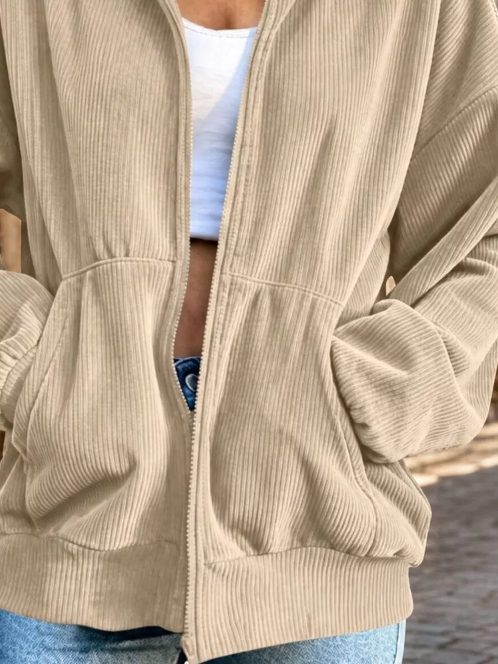Casual Corduroy Zip-Up Stand Collar Sweatshirt, image 2