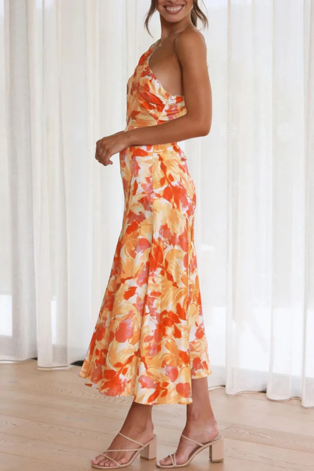 Ruched Printed Single Shoulder Midi Dress, image 4