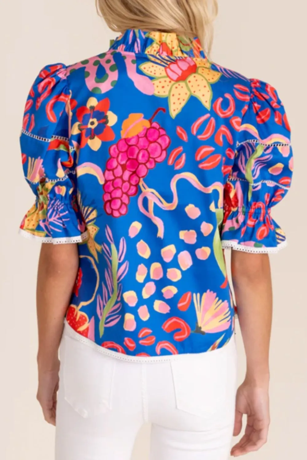 Abstract Print Frilled Collar Ruffled Puff Short Sleeve Top, image 3