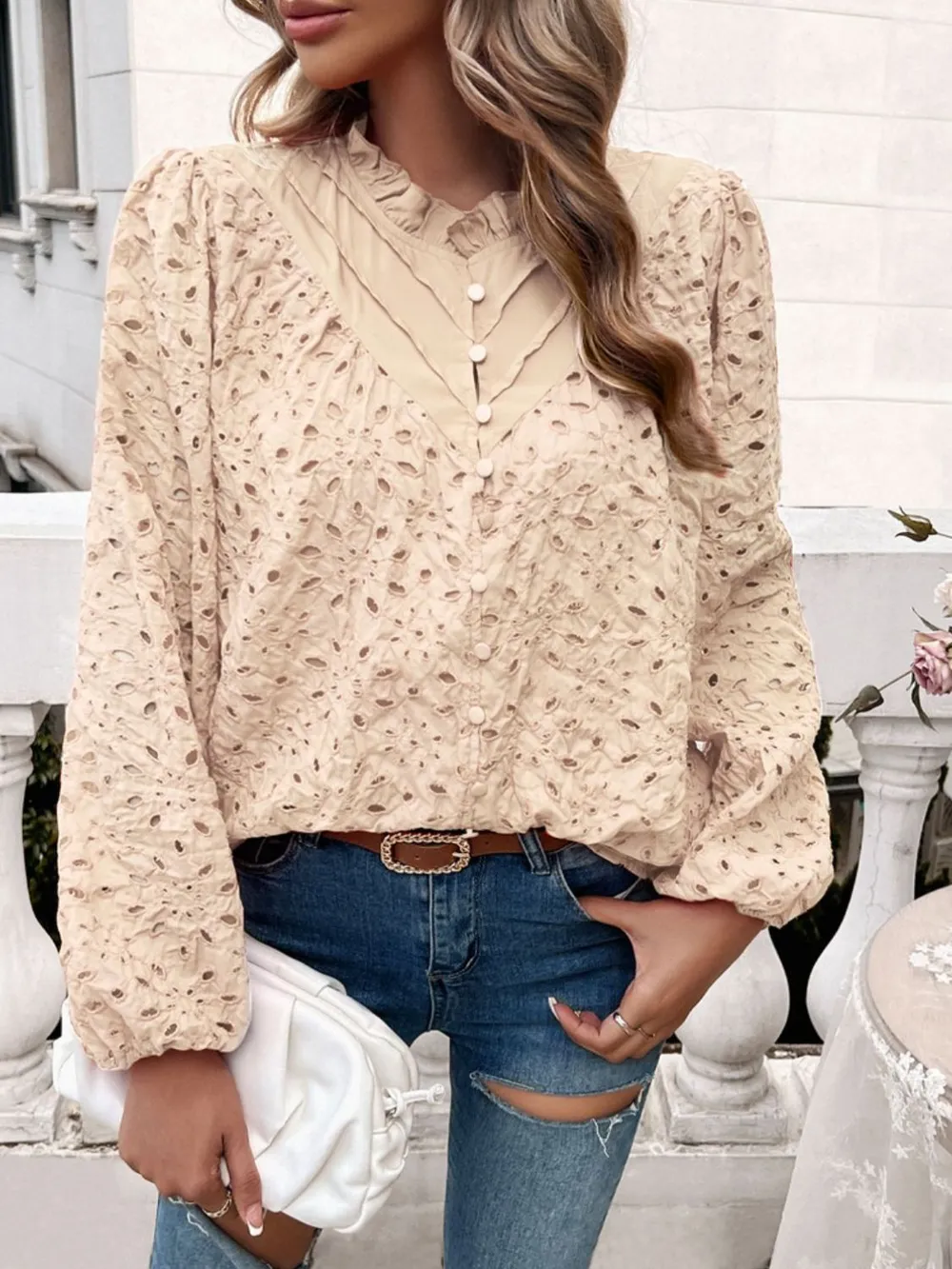 Frill Round Neck Long Sleeve Shirt, image 28