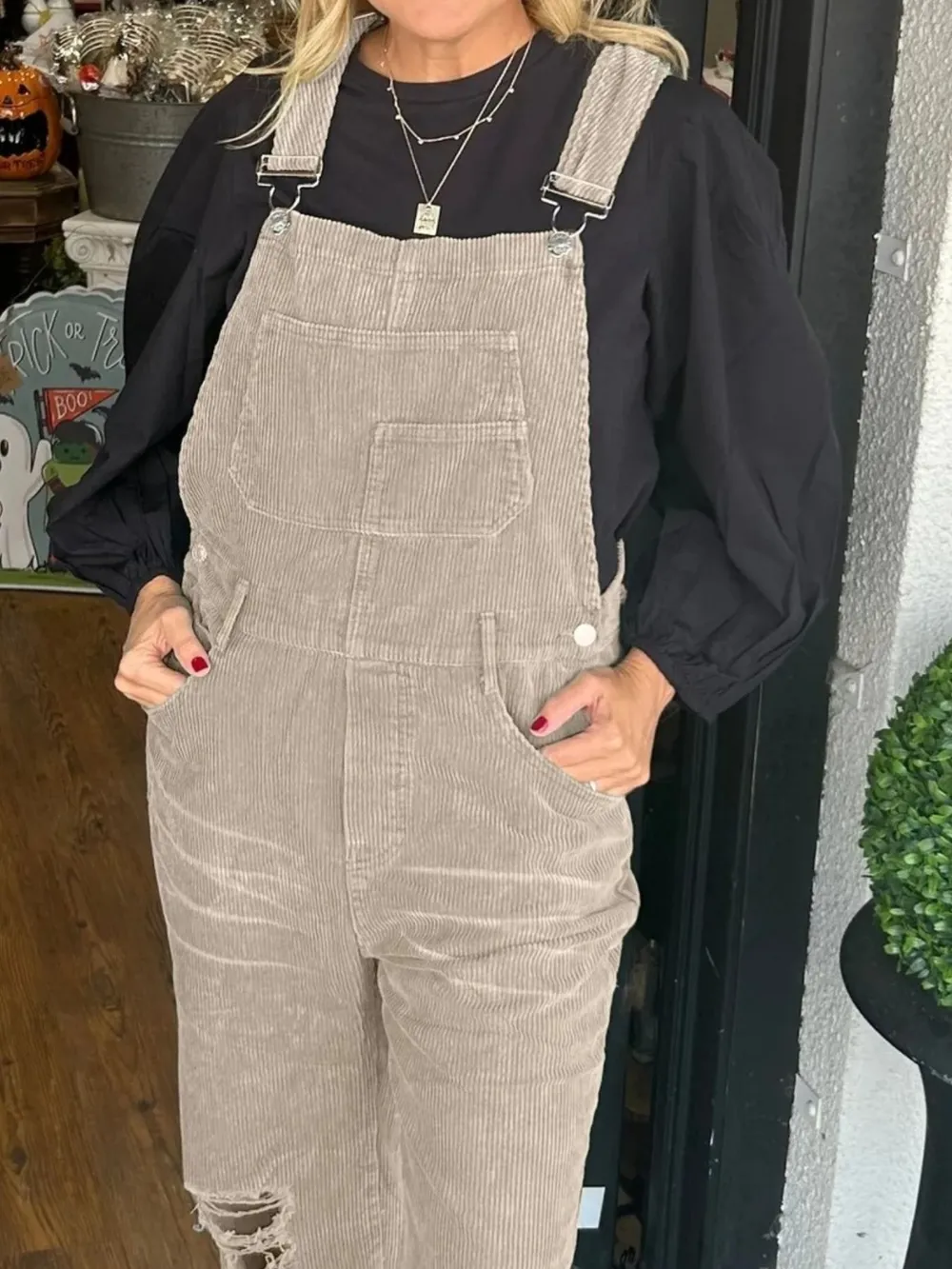 Distressed Wide Leg Corduroy Overalls, image 3