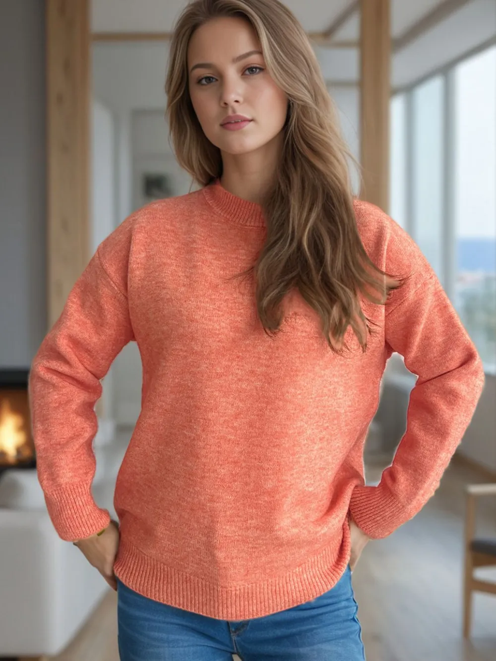 Round Neck Drop Shoulder Long Sleeve Sweater, image 12