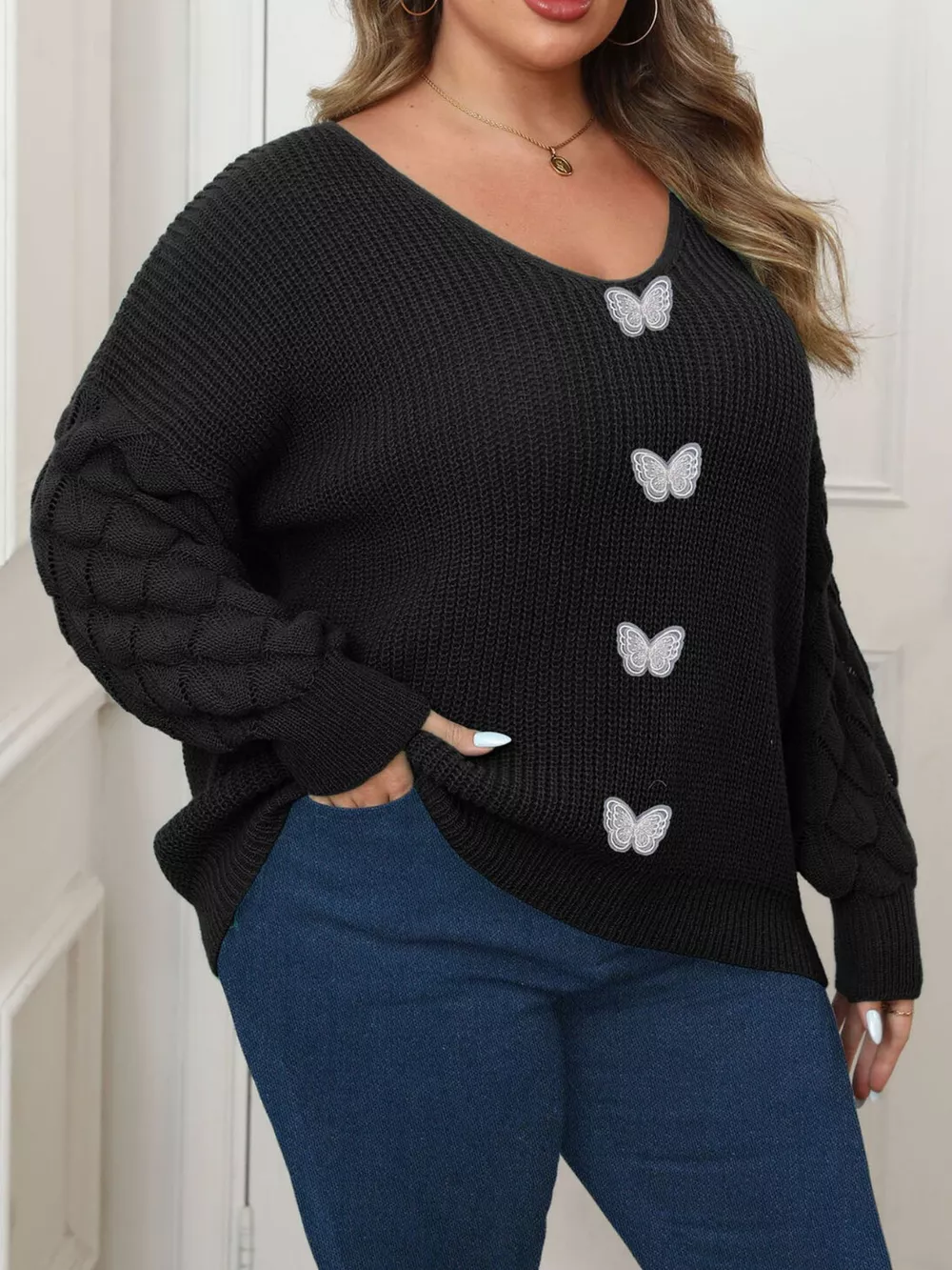 Plus Size Butterfly Dropped Shoulder Sweater, image 3