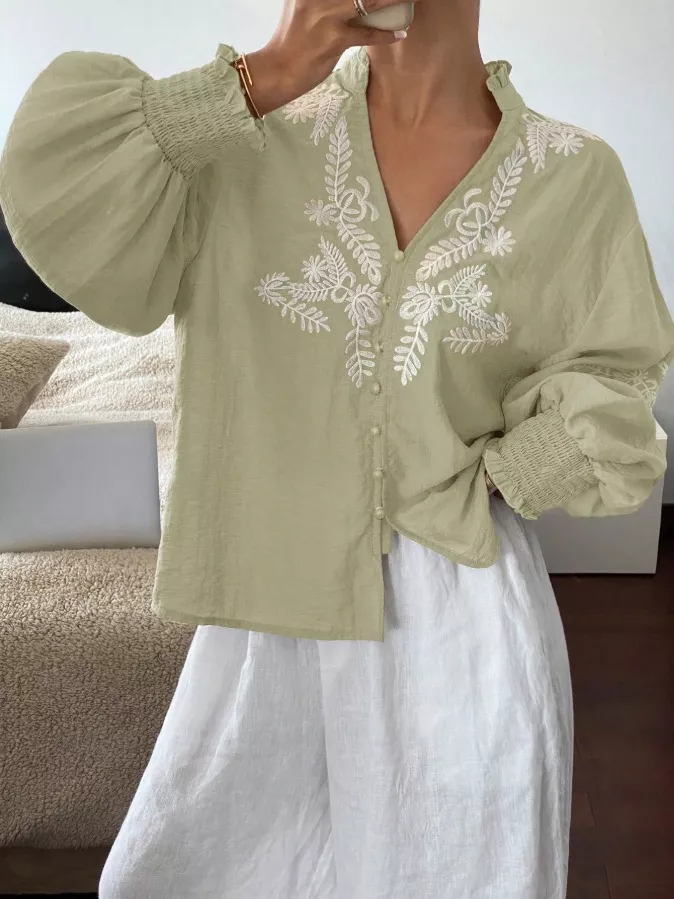 Embroidered Notched Long Sleeve Blouse, image 9