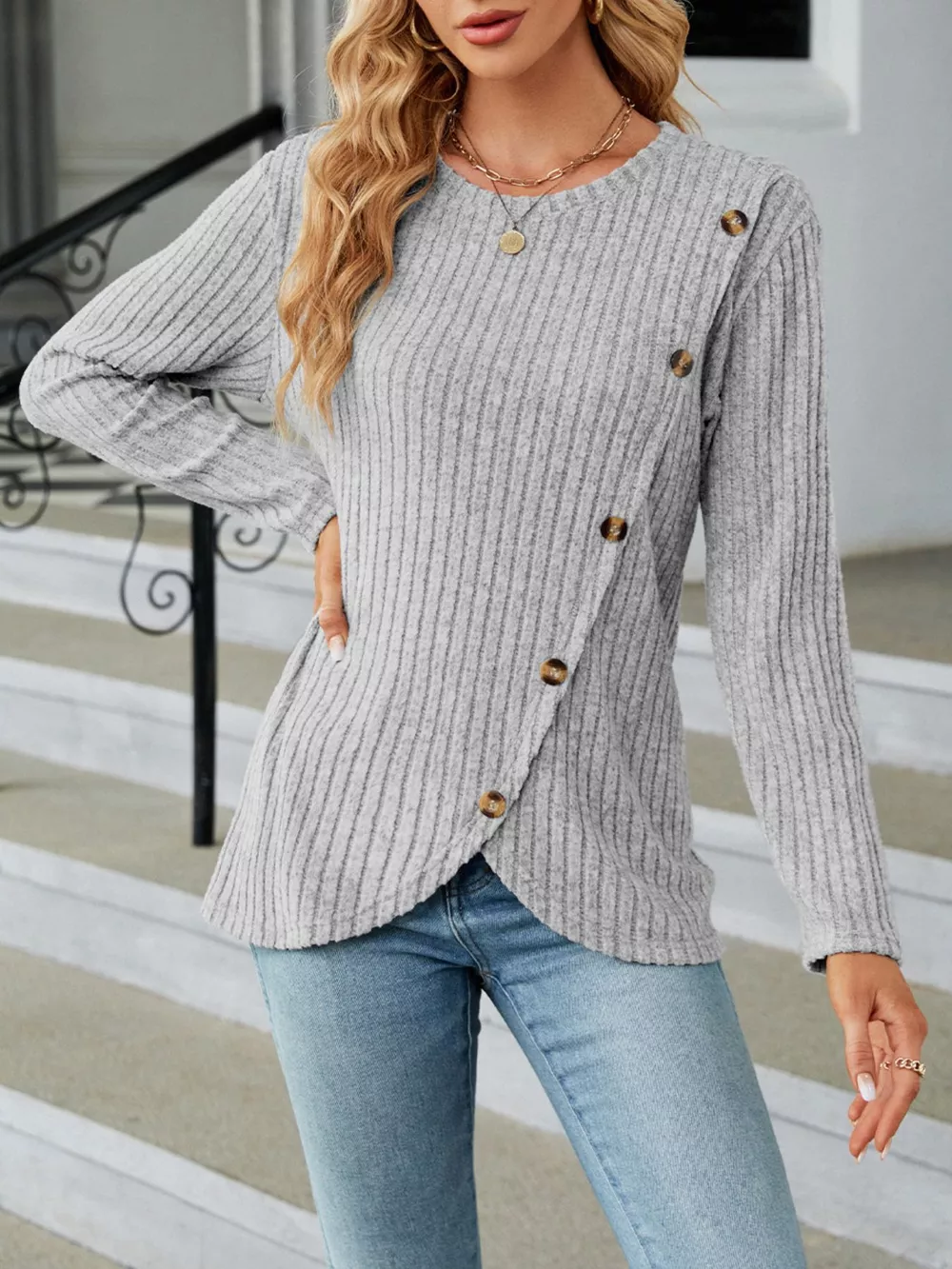 Ribbed Knit Decor Button T-Shirt, image 6